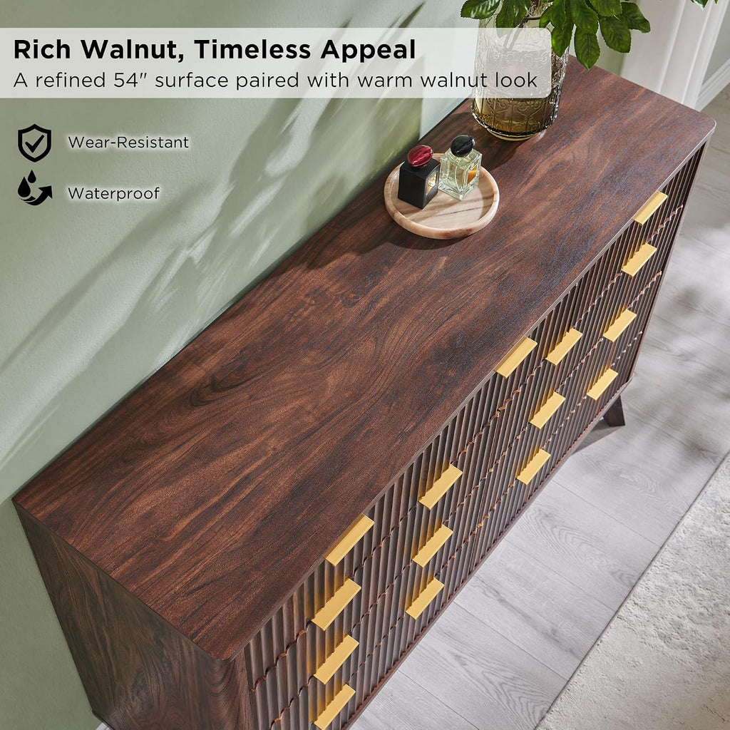 T4TREAM Fluted 9 Drawers Dresser, 54' Wide Modern Chest of Drawers, Curved Profile Design, Dresser TV Stand, Wood Drawer Organizer for Bedroom, Living Room, Hallway, Dark Walnut