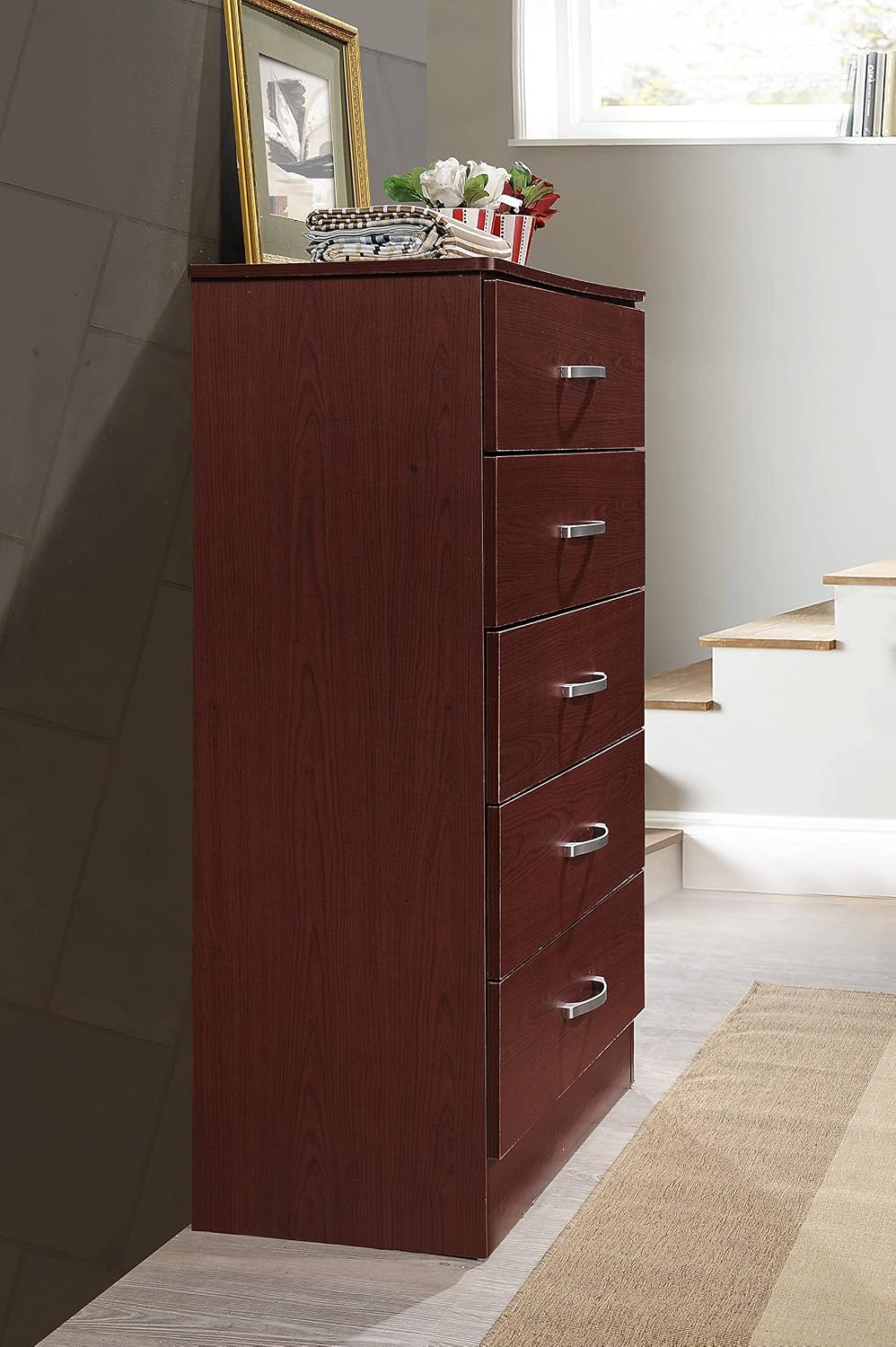 HODEDAH 5 Drawer Wood Dresser for Bedroom, Chest of Drawers with Metal Rails for Support when Storing Clothing, Mahogany, 47.8x31.5 inches