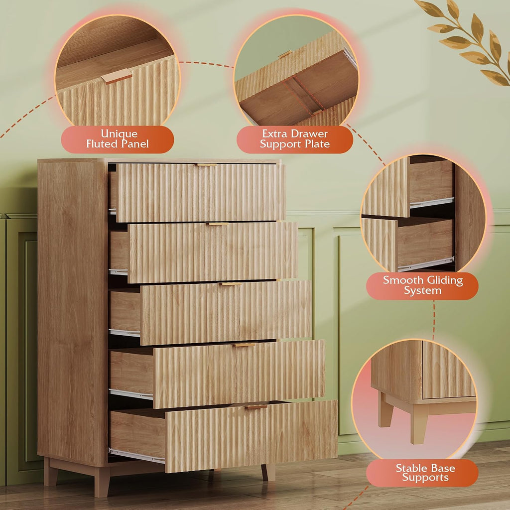 WLIVE Fluted Dresser for Bedroom with 5 Drawers, 46.26' Tall Wooden Dresser with Golden Metal Handles, Mid Century Modern Chest of Drawers for Living Room, Hallway, Closet, Natural Oak