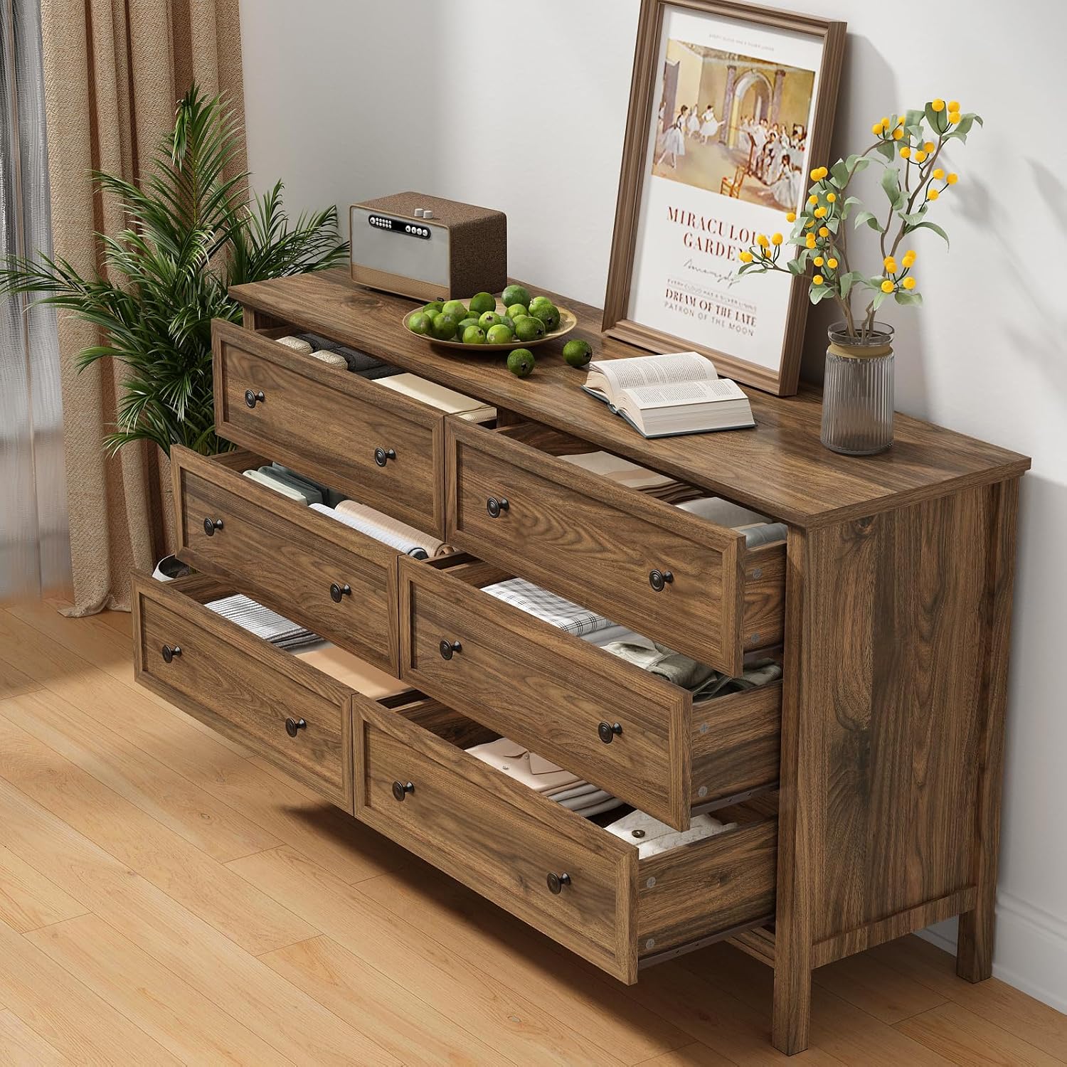 CARPETNAL 55' Walnut Dresser for Bedroom, 6 Drawer Dresser with Wide Drawer and Metal Handles, Wood Dressers & Chests of Drawers for Hallway, Entryway.