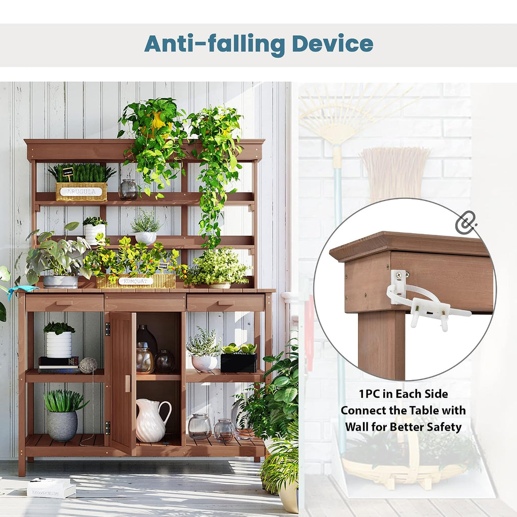 66-Inch Outdoor Potting Bench with 2 Drawers, Cabinets, and Open Shelves, Anti-Falling Safety Device, Wooden Garden Potting Table for Backyard, Patio Brown As Shown One Size