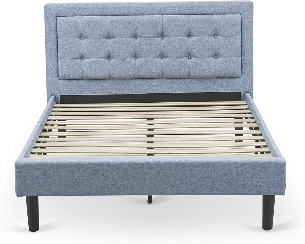 East West Furniture FN11F-1VL0C 2-Piece Platform Full Size Bedroom Set with 1 Mid Century Bed and a Bedroom Nightstand - Reliable and Durable Construction - Denim Blue Linen Fabric