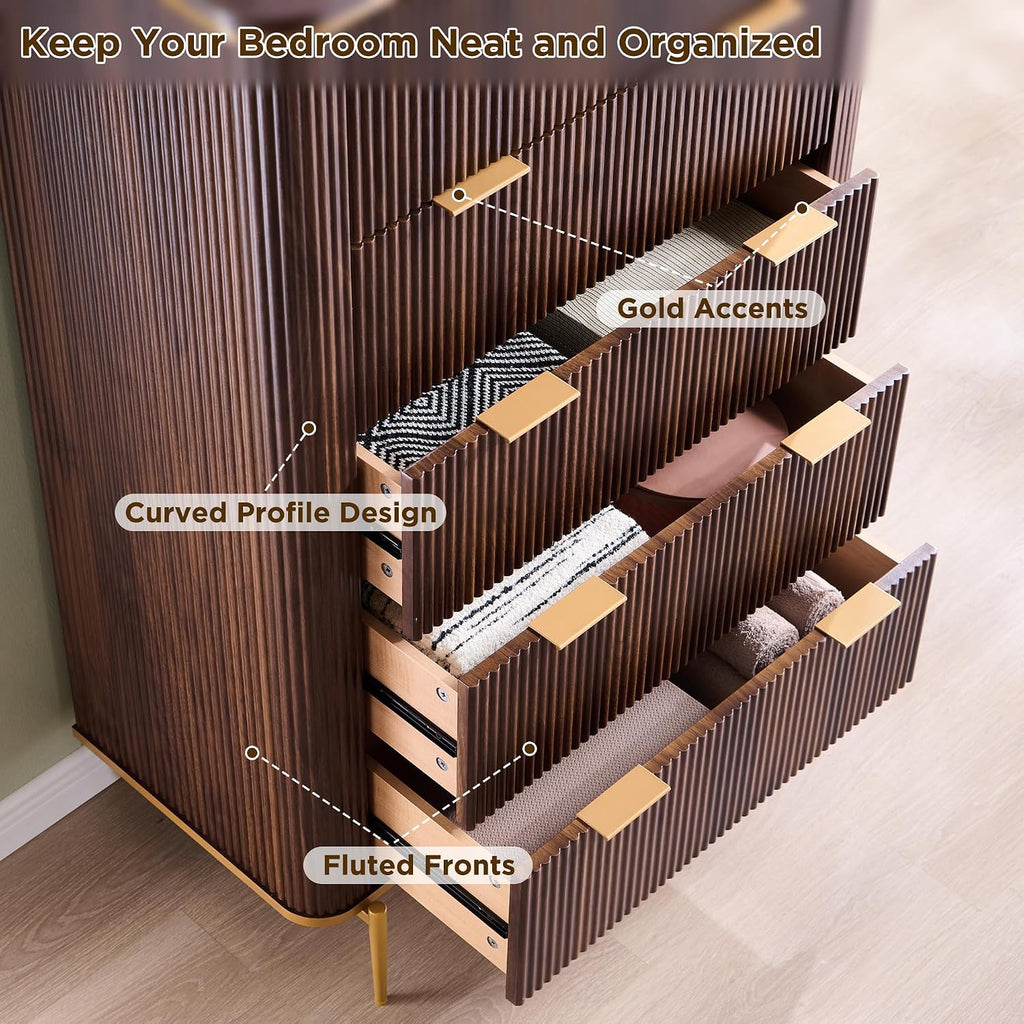 T4TREAM Fluted 5 Drawers Dresser for Bedroom, 48' Tall Modern Dresser Chest of Drawers, Gold Accents, Fluted Fronts, Wood Storage Dressers Organizer for Bedroom, Living Room, Dark Walnut