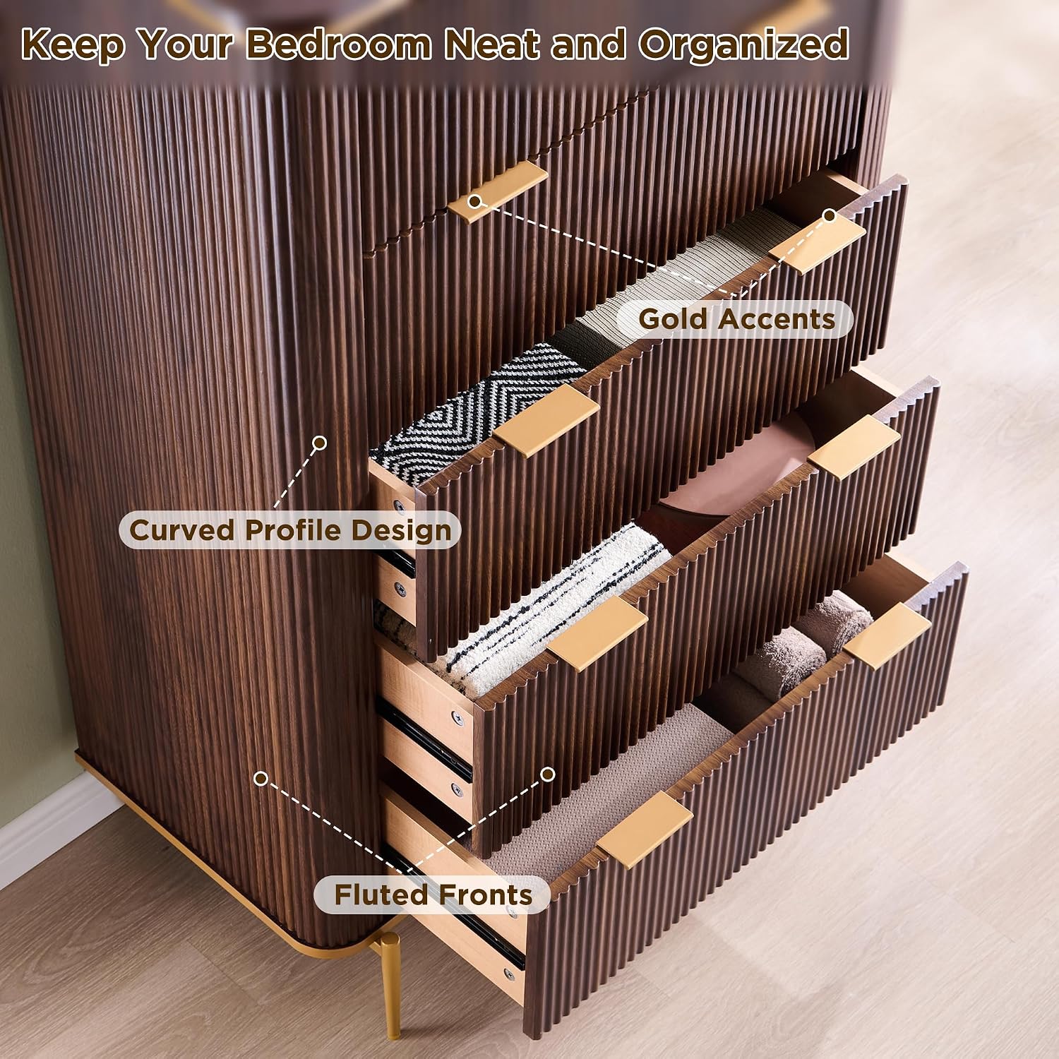 T4TREAM Fluted 5 Drawers Dresser for Bedroom, 48' Tall Modern Dresser Chest of Drawers, Gold Accents, Fluted Fronts, Wood Storage Dressers Organizer for Bedroom, Living Room, Dark Walnut