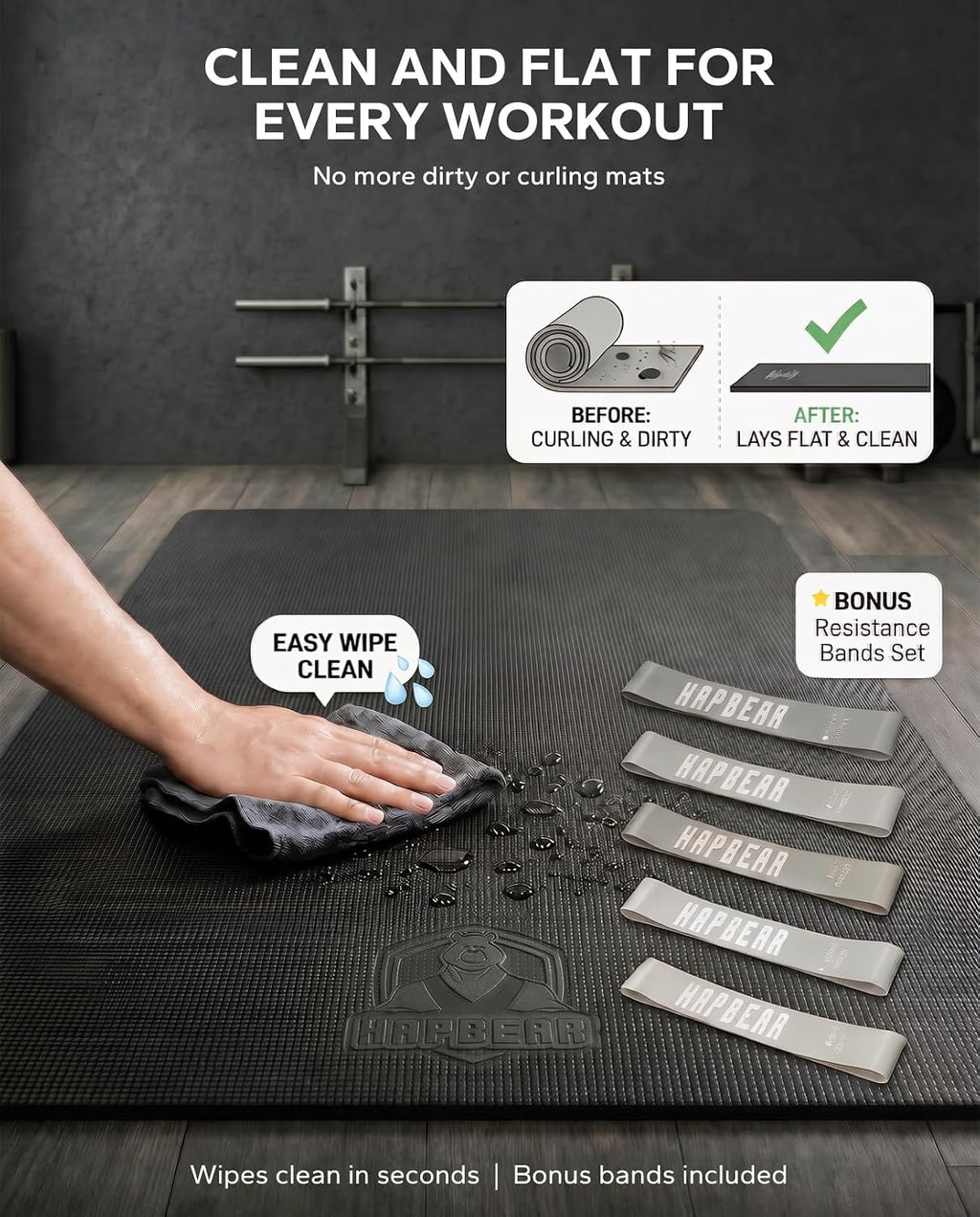 HAPBEAR Large Exercise Mat-7'x5'/6'x8'/6'x9'/6'x10'/6'x12'x8mm(1/3'),Non-Slip, Ultra Durable, Thick Workout Mat for Home Gym Flooring Cardio, Yoga for Fitness, High-Density, Shoes-Friendly