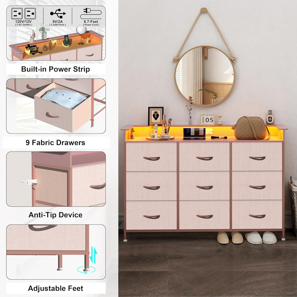 EXOTICA Pink Dresser with LED Light for Girls Bedroom 9 Drawer Dressers with Charging Station Chests of Drawers for Living Room Entryway Closet Hallway Sturdy Steel Frame Wooden Top Easy Pull Handle
