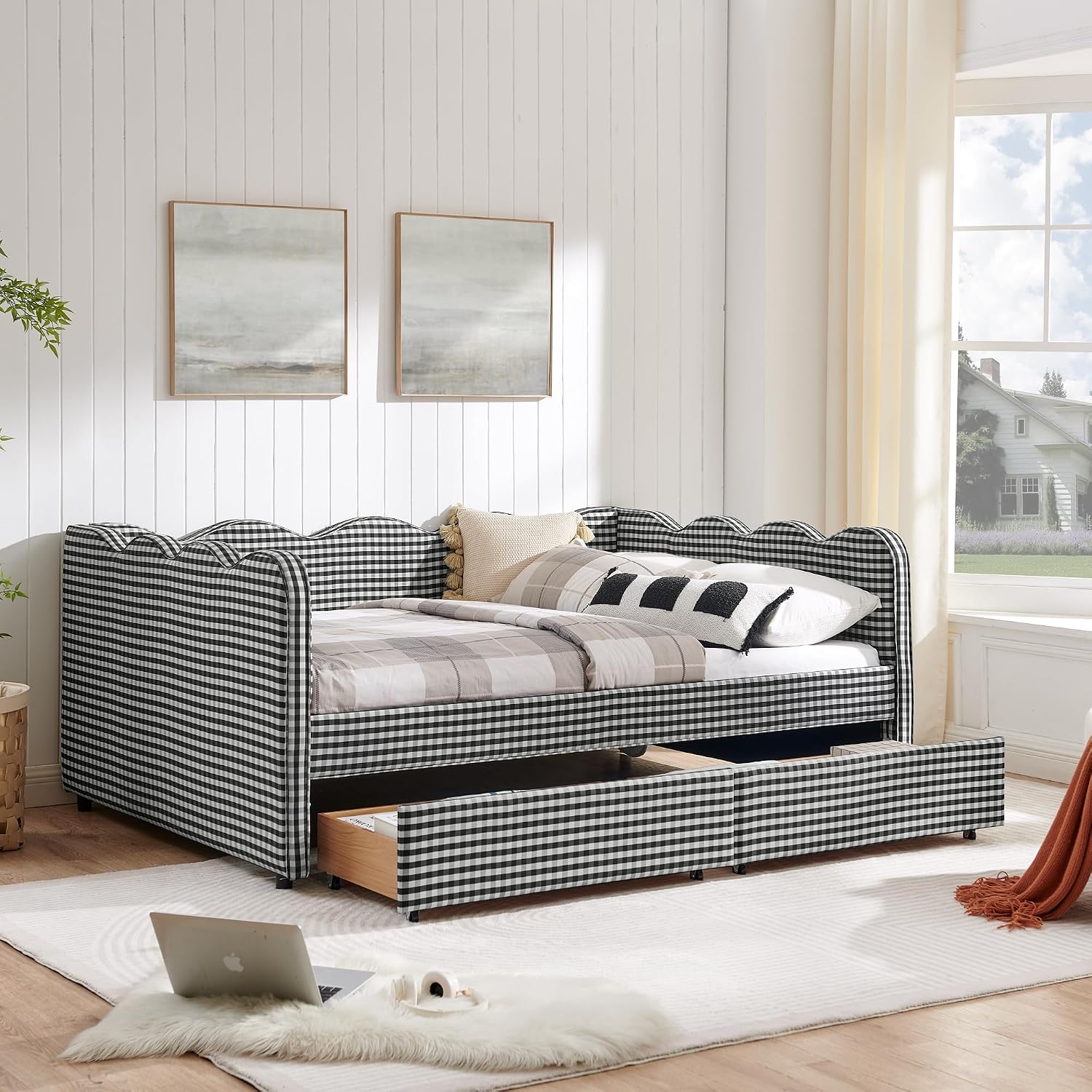 DEINPPA Full Size Upholstered Daybed with 2 Storage Drawers, Gingham Daybed with USB Ports for Bedroom Living Room Guest Room-Black