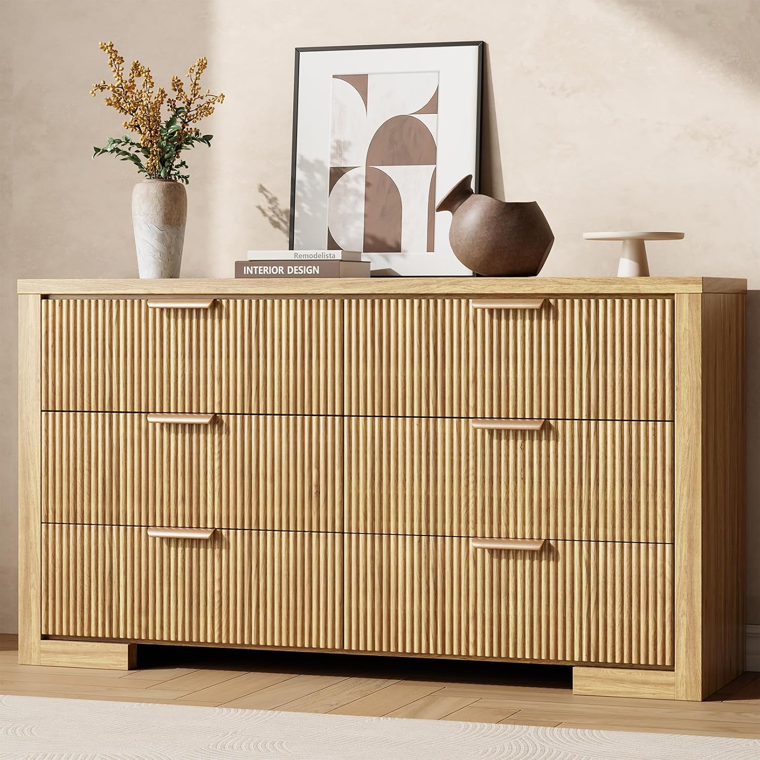Fluted 6 Drawers Dresser for Bedroom, 54' Modern Chest of Drawers with Metal Handle, Wood Closet Clothes Storage Organizer for Living Room, Hallway, Entryway, Natural Oak