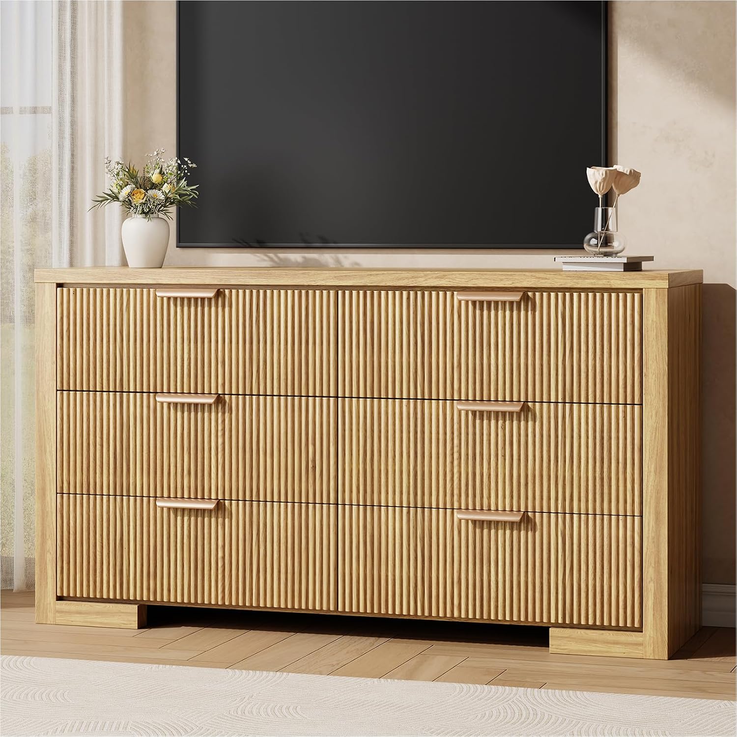 Fluted 6 Drawers Dresser for Bedroom, 54' Modern Chest of Drawers with Metal Handle, Wood Closet Clothes Storage Organizer for Living Room, Hallway, Entryway, Natural Oak