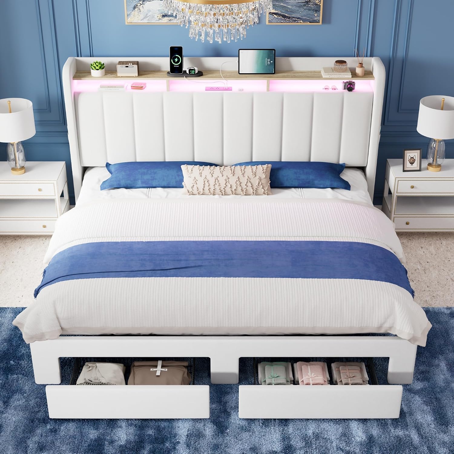 Allewie King Size Bed Frame with 2-Tier LED Storage Headboard, Velvet Upholstered King Platform Bed with 2 Storage Drawers, USB & Type-C Charging Ports, Noise-Free/No Box Spring Needed, White