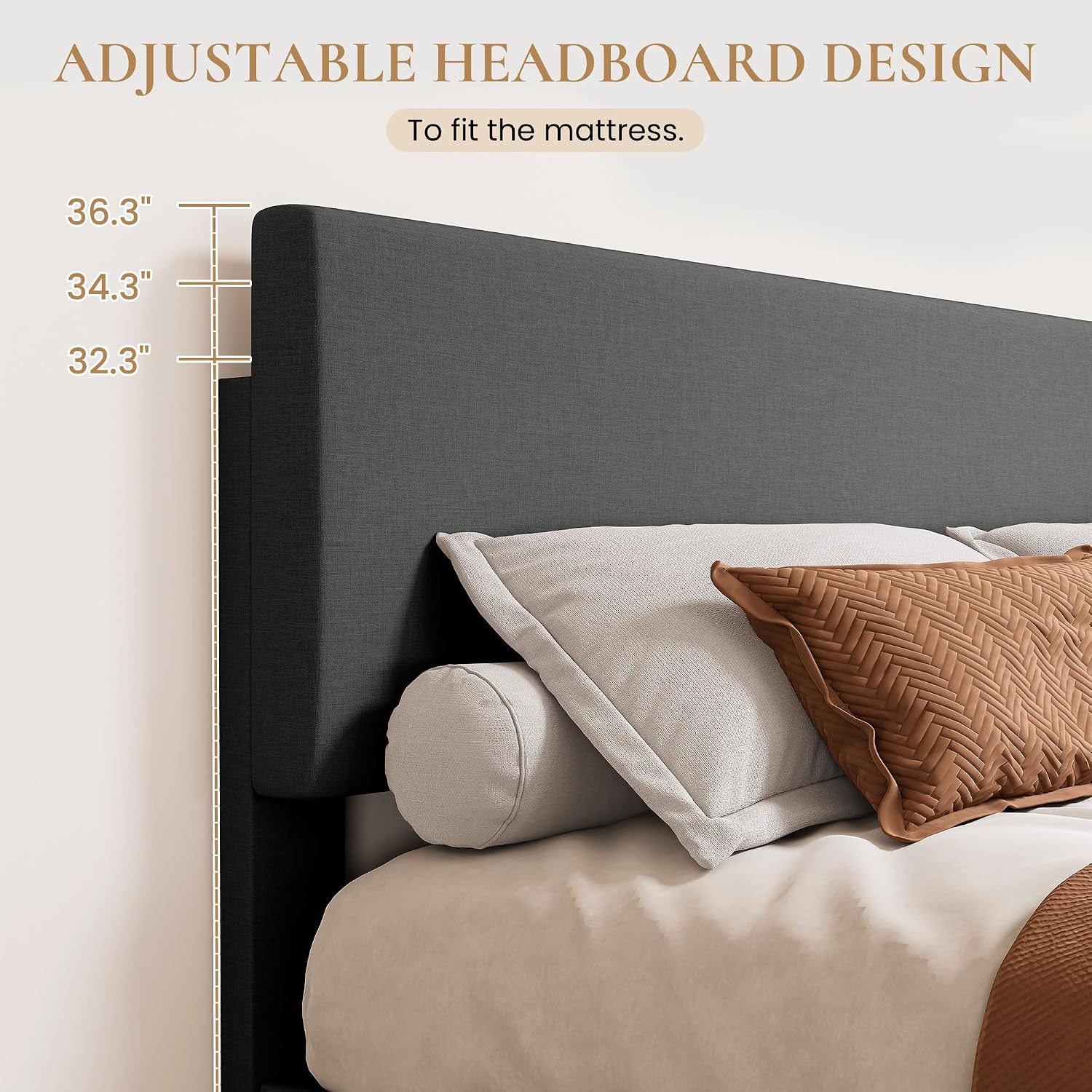 SHA CERLIN Dark Grey King Platform Upholstered Bed Frame with Adjustable Headboard, Wood Slats Support, No Box Spring Needed, Easy Assembly, Easy Clean Up