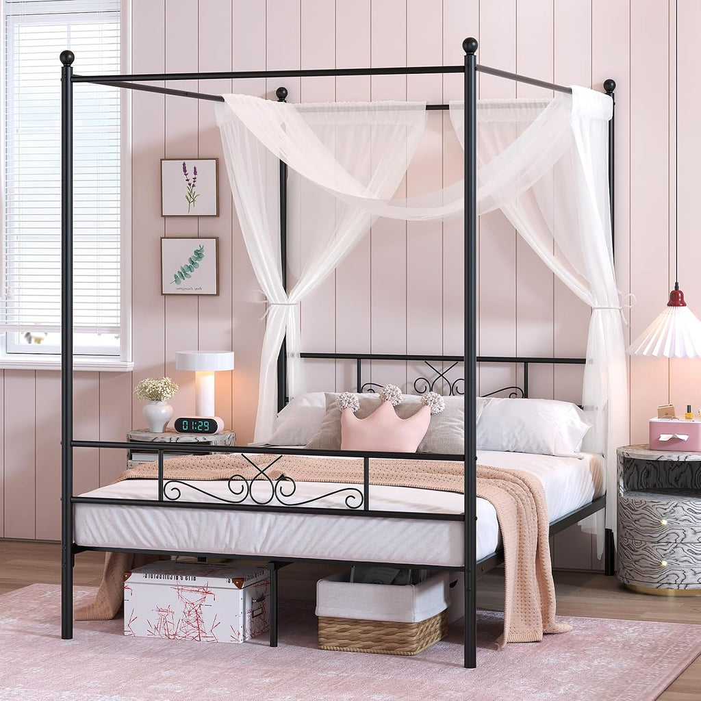 Weehom Canopy Bed Frame Full Size, Full Canopy Bed Frame with Headboard and Footboard, 4-Poster Mattress Foundation No Box Spring Needed Black