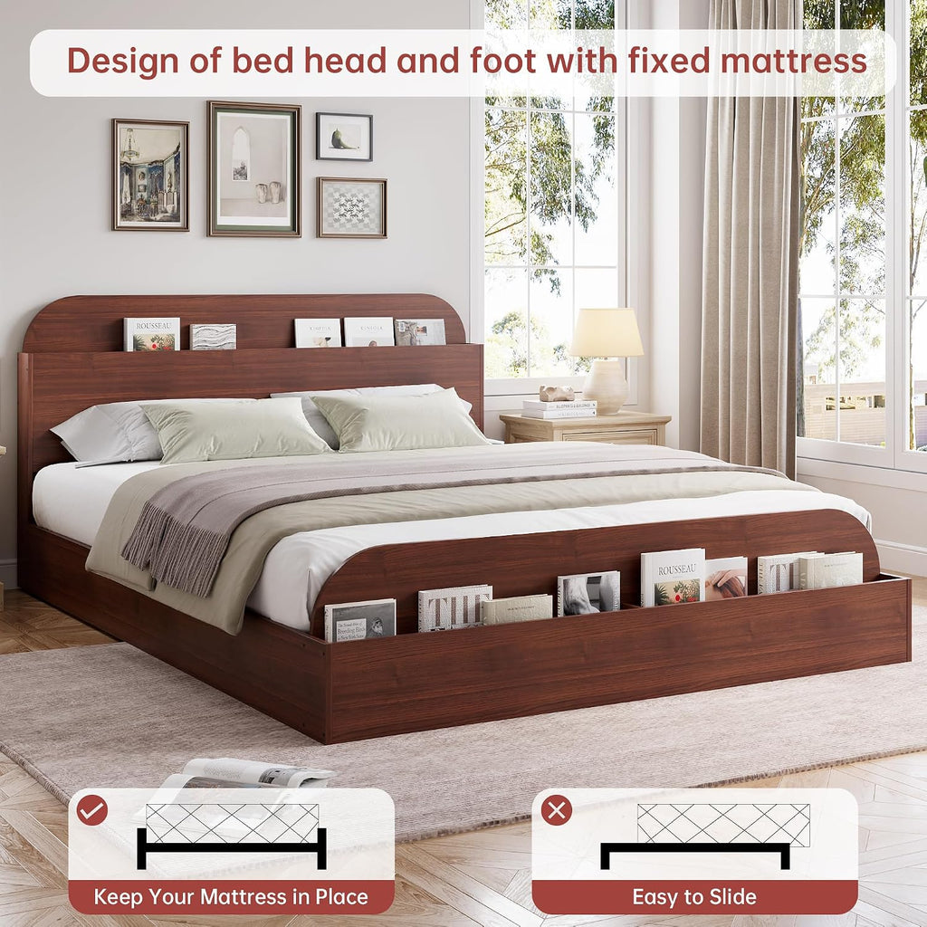 GarveeHome Queen Size Bed Frame, Wooden Beds with Storage Headboard and Raised-Foodboard, Queen-Floor Low Platform Bed for Bedroom, Sturdy Wooden Slats Support, No Box Spring Needed, Espresso