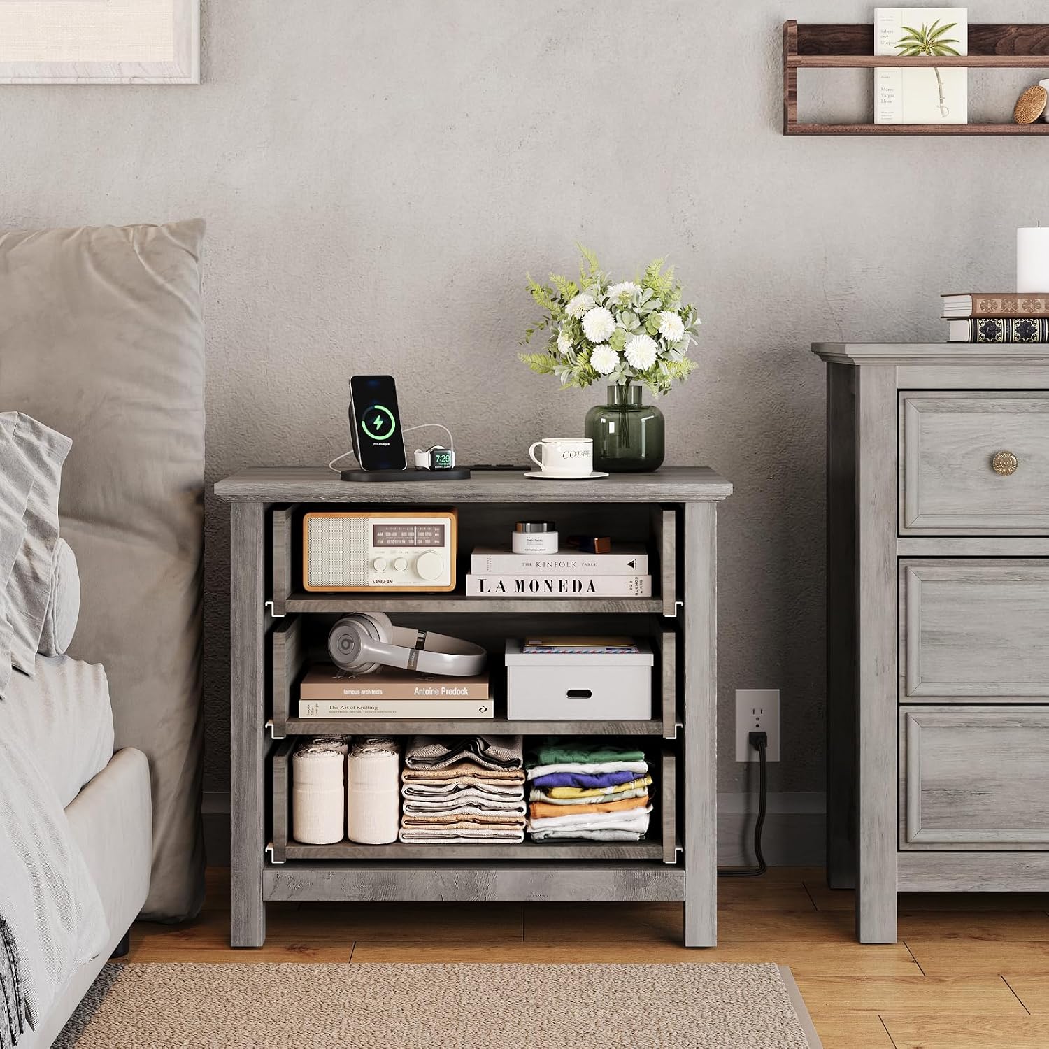 LGHM Large Nightstand with Charger Station, 27' W Night Stand with 3 Large Drawers, Accent Small Dresser Bed Side Table, Stable Thick Wood Legs, Timeless Look,Gray