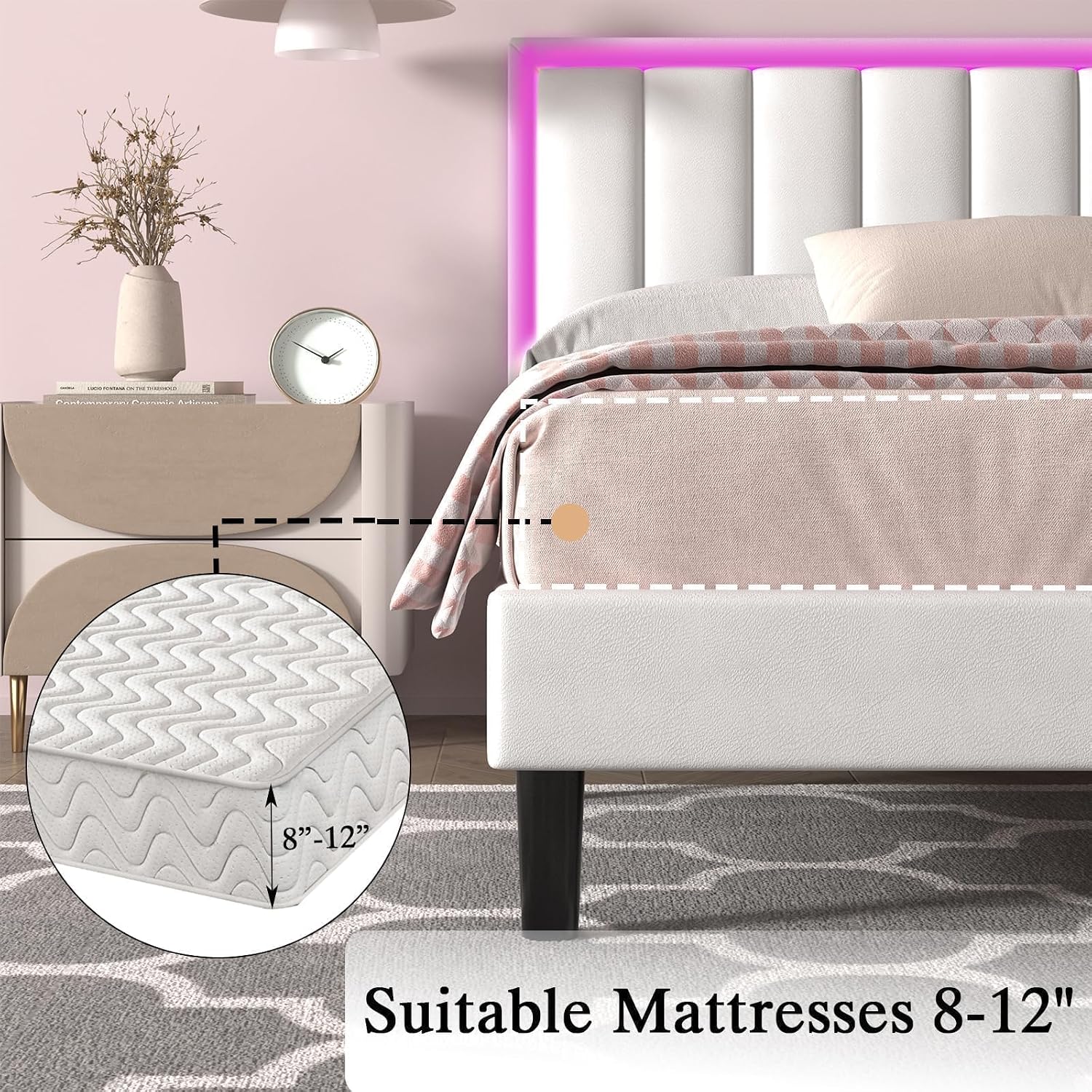 IMMERSTABLE Queen Bed Frame with RGB LED Lights, Upholstered Platform Bed Frame with Headboard, Wood Slat Support, No Box Spring Needed, Quiet Design, Easy Assembly, White