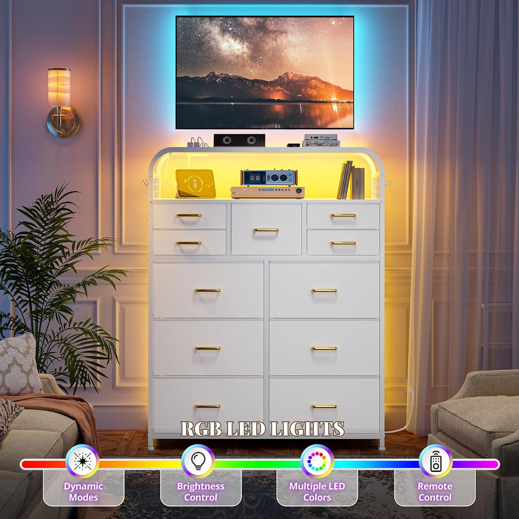 EnHomee 47' H Dressers & Chests of Drawers with LED Lights & Charging Station, Dresser for Bedroom with 11 Fabric Drawers & 4 Hooks & Open Shelves, Entryway, Hallway, Dorm White