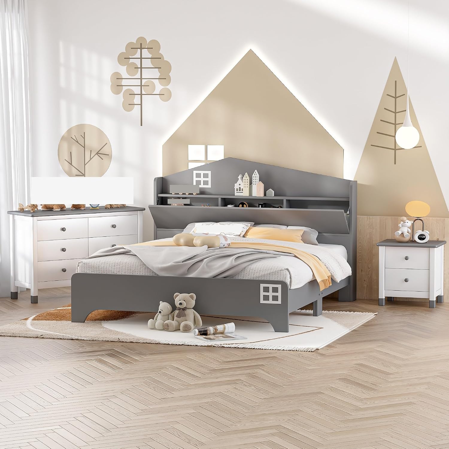 3-Pieces Bedroom Sets Full Size House Bed with Storage Headboard, Wooden Nightstand and Storage Dresser,Bed Frame
