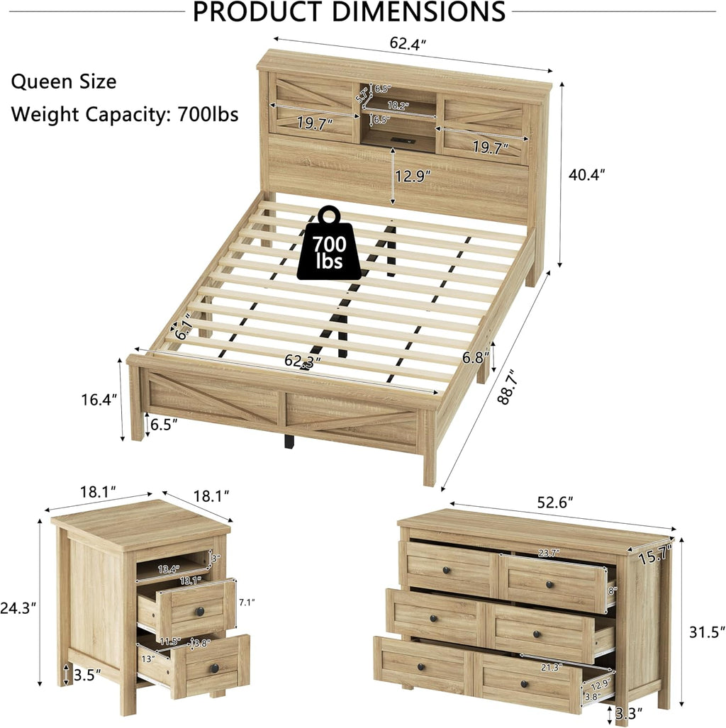 Farmhouse 3-Piece Full Size Bedroom Furniture Set, Platform Bed with Double Sliding Door Storage Headboard & Charging Station, Bed Frame with Storage Nightstand and Dresser (Natural, Queen) | 3-Piece