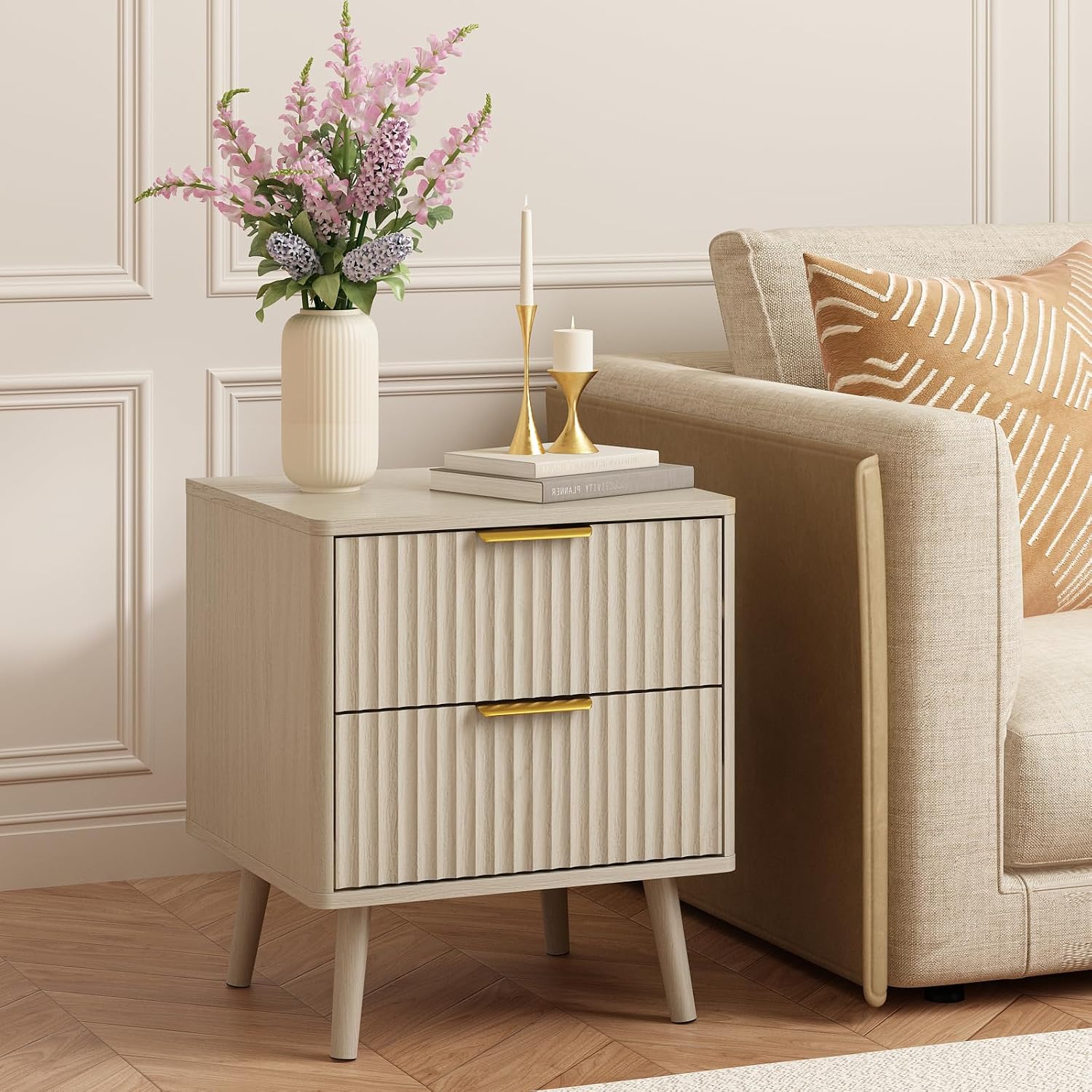 CARPETNAL Fluted Dresser and Nightstand Sets for Bedroom, 3 Pcs Bedroom Set, 6-Drawer Dresser & 2-Drawer Nightstand Set of 2, Modern Wood Chest of Drawers for Living Room, Entryway, Beige