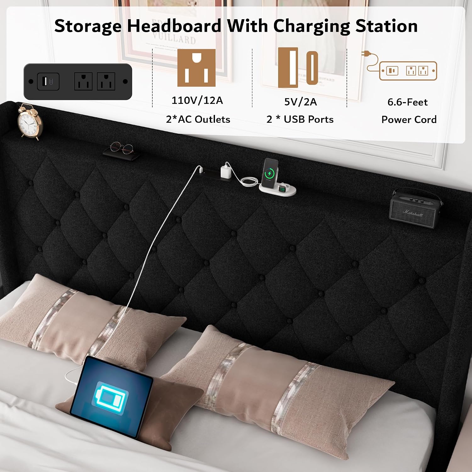 iPormis Full Size Lift Up Storage Bed Frame with Charging Station, Upholstered Platform Bed Frame with Linen Headboard, Hydraulic Storage, No Box Spring Needed, Noise-Free, Easy Assembly, Black