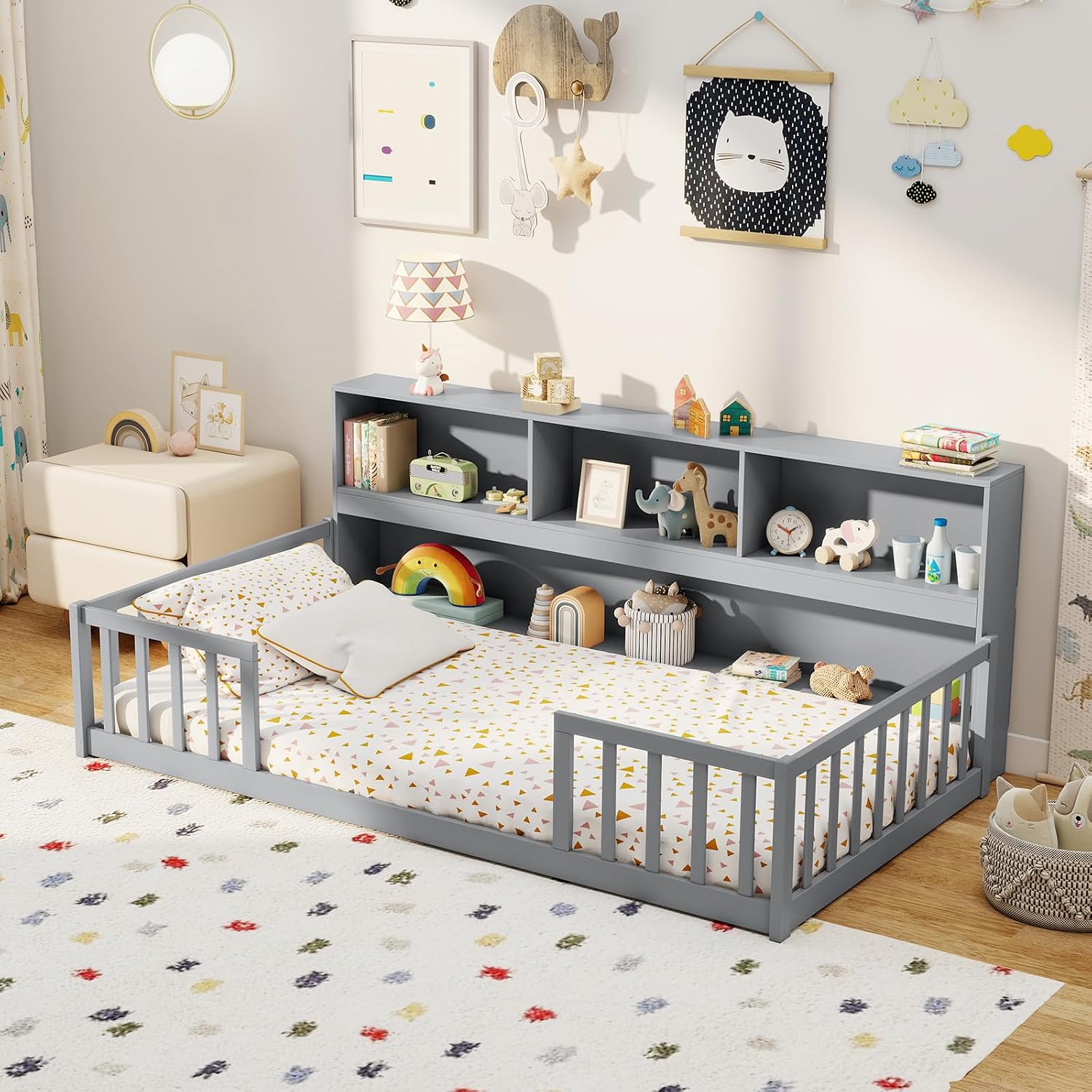 Giantex Twin Floor Bed for Kids, Wooden Montessori Bed Frame with Bookcase, Storage Shelves & Safety Fence Rails, Floor Beds Twin for Girls, Boys, No Box Spring Needed, Without Slats, Grey