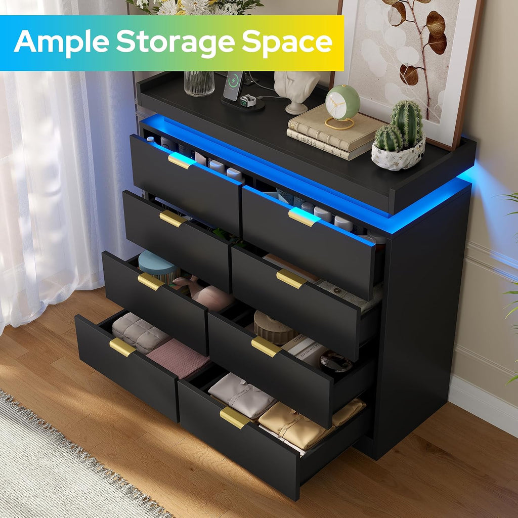 knoworld 8 Drawer Dresser for Bedroom, Black Dresser with LED Lights and Power Outlet, Large Wooden Dressers Modern Chest of Drawers, Double Wide 9 Drawer Dressers for Bedroom, Entryway, Hallway
