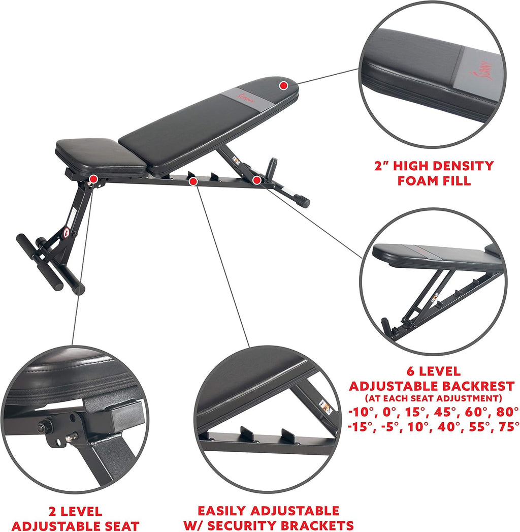 Sunny Health & Fitness Adjustable Weight Bench for Home Gym Strength Training, Incline/Decline, Multi-Position, High Weight Capacity