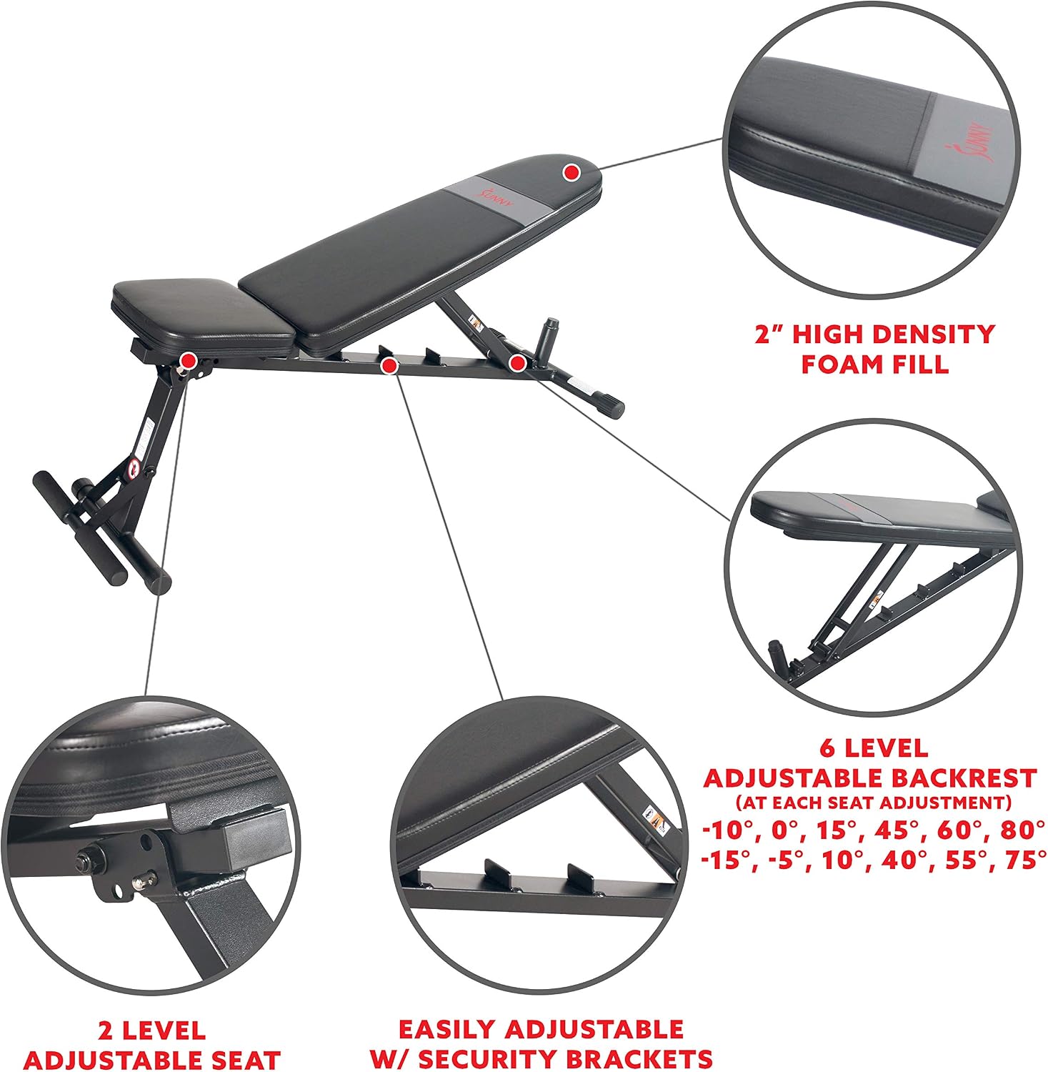 Sunny Health & Fitness Adjustable Weight Bench for Home Gym Strength Training, Incline/Decline, Multi-Position, High Weight Capacity