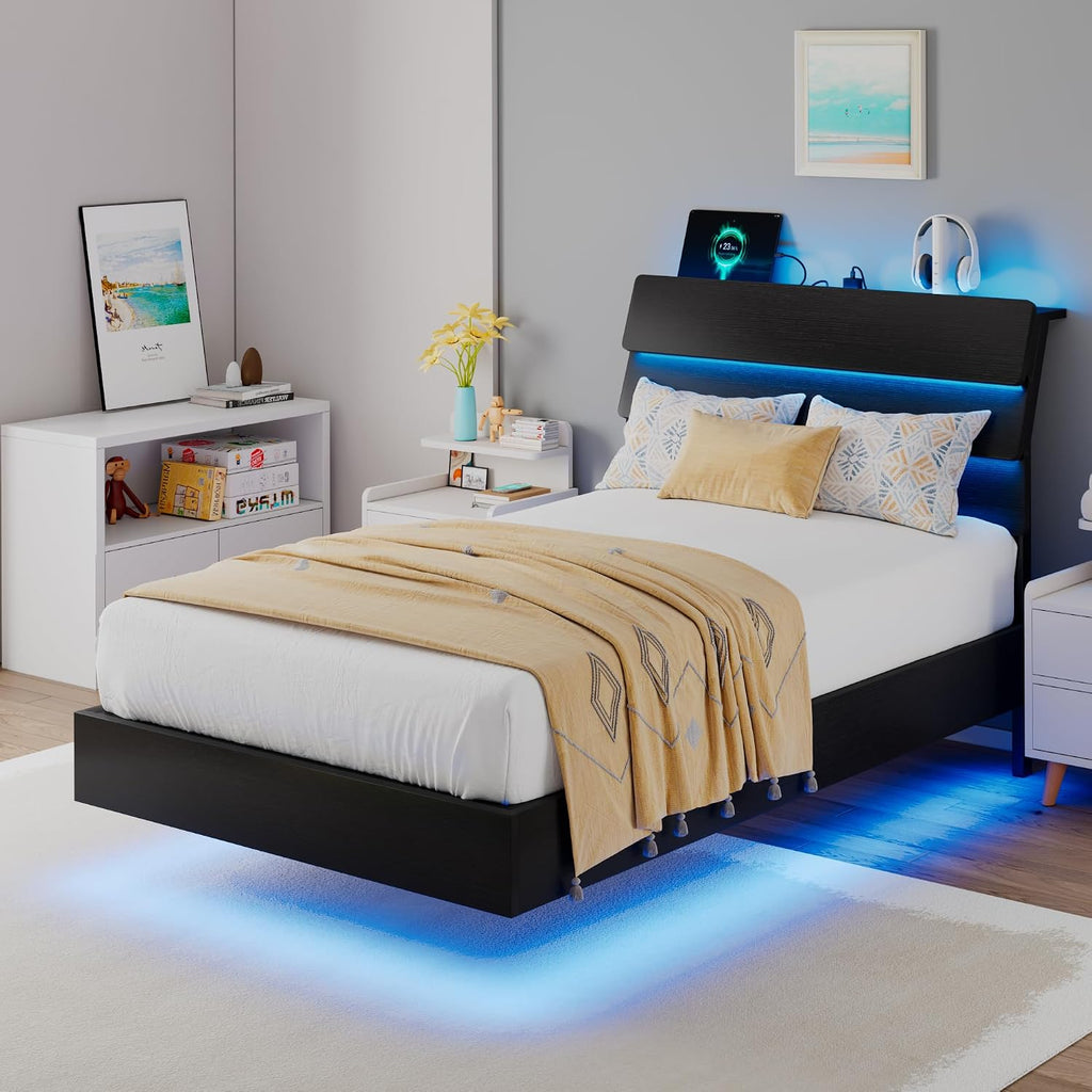 iPormis Floating Twin Size Bed Frame with LED Lights & Charging Station, Platform Bed with Wooden Storage Headboard, Heavy Duty Slats Support, No Box Spring Needed, Easy Assembly, Noise-Free, Black