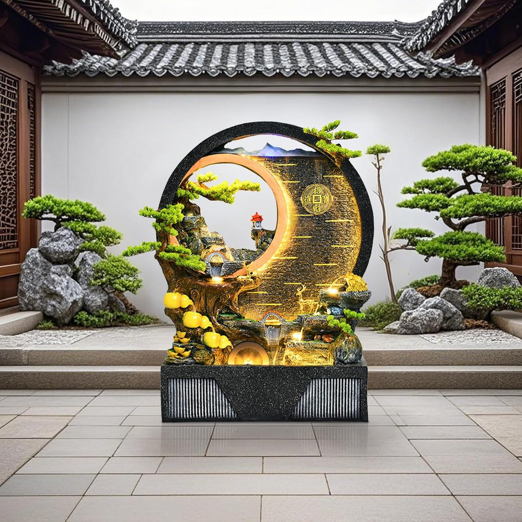 Indoor Outdoor Resin Fountain with LED Light Ring – Round Landscape Waterfall Feature with Pump, Bonsai & Gourd Decor – 6.07ft Tall Large Decorative Water Sculpture(A Large)