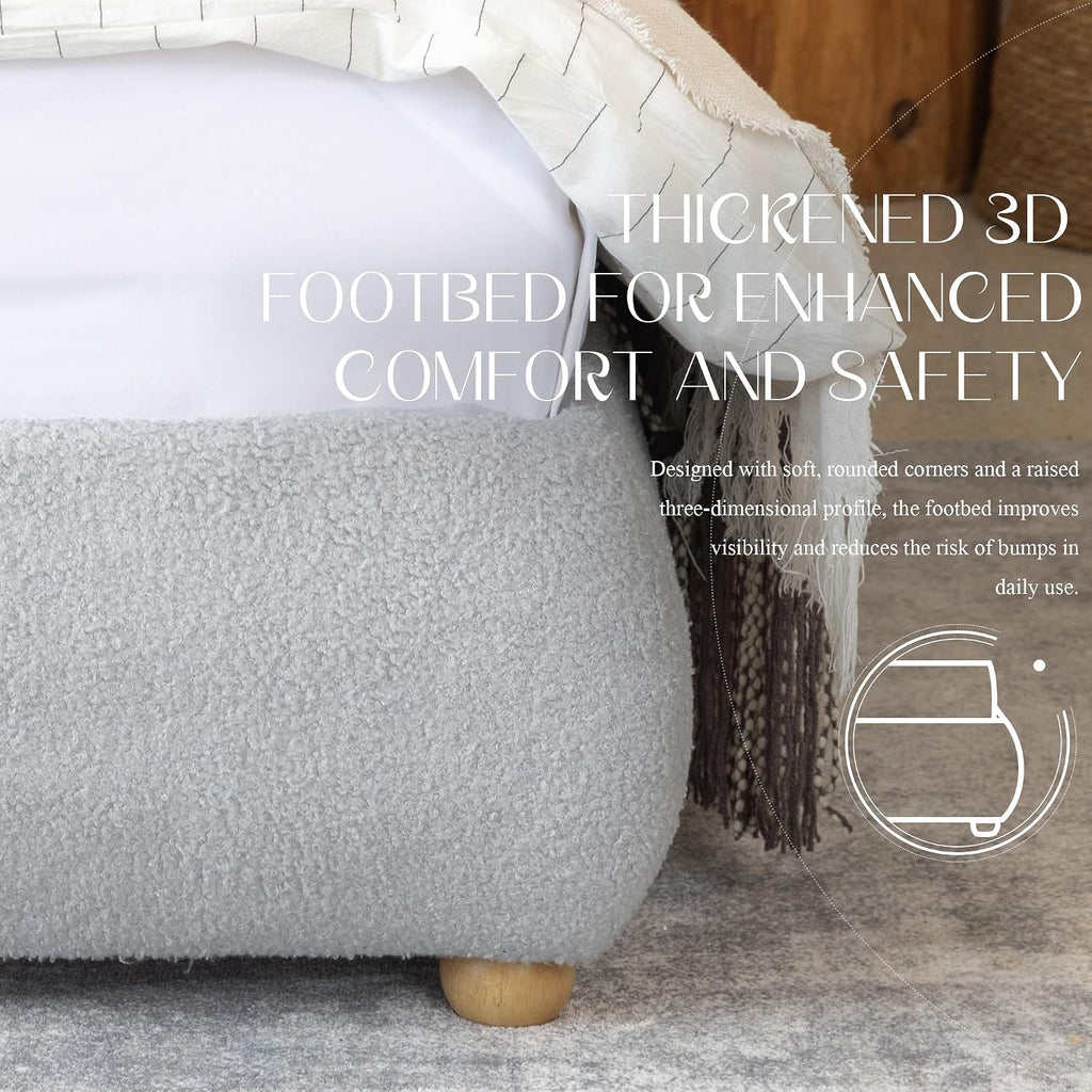 Yechen Boucle Cloud Full Bed Frame with Round Corner Headboard, Upholstered Soft Creamy Bedframe with Solid Wood Legs, Boho Fluffy Bed with Wooden Slats, Easy Assembly, No Box Spring Needed, Grey