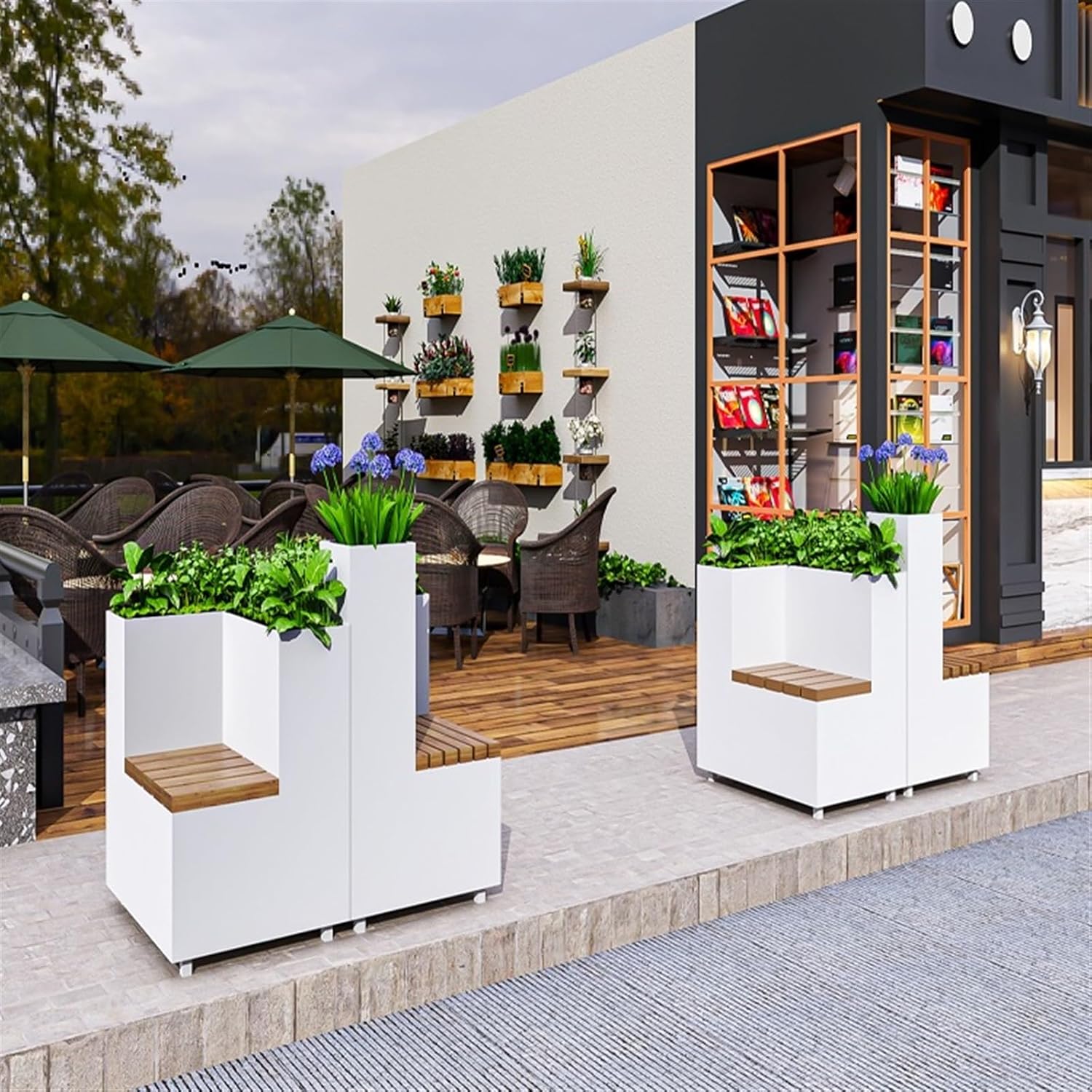 Bench with Planter Box, White Commercial Metal Flower Box Combination Iron Flower Box with 2 Anti-corrosion Wooden Benches, L 80cm*D 60cm*H 70cm Garden Bench