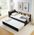 Corner Bed with Desk and Bookcase, LED Lights & USB Ports, Modern Twin to King Daybed with Pop Up Trundle, Velvet Upholstered Extendable Day Bed Kids Bedroom Furniture Set Small Places (Black, Twin)