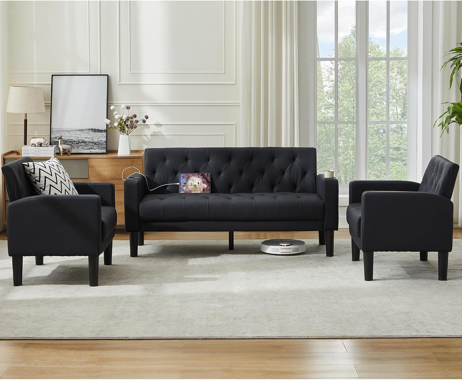 TYBOATLE Mid-Century Modern Tufted Black Faux Leather Loveseat Sofa Set w/ 2 USB & 2 Cupholders, 3 Piece Living Room Furniture Sets, Small Love Seat Couches for Small Space Apartment Bedroom Office