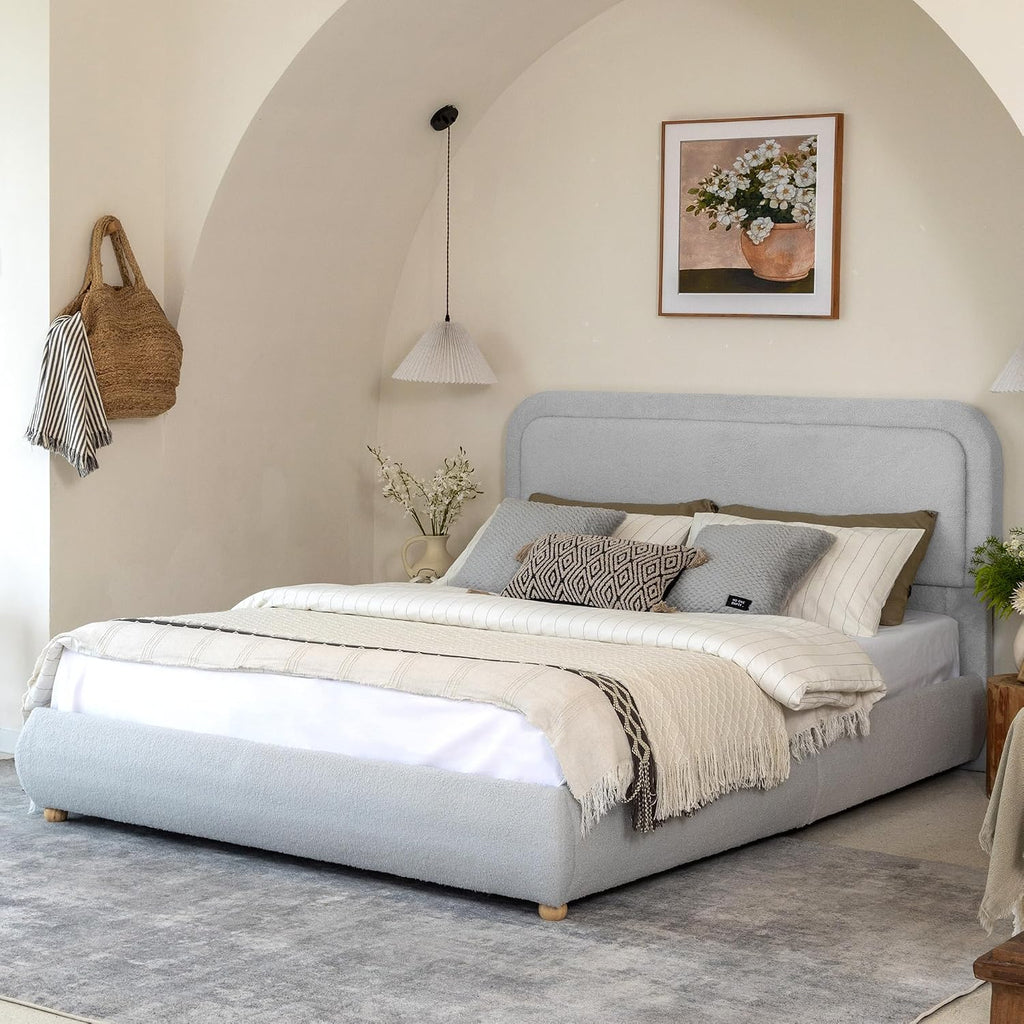 Yechen Boucle Cloud Full Bed Frame with Round Corner Headboard, Upholstered Soft Creamy Bedframe with Solid Wood Legs, Boho Fluffy Bed with Wooden Slats, Easy Assembly, No Box Spring Needed, Grey