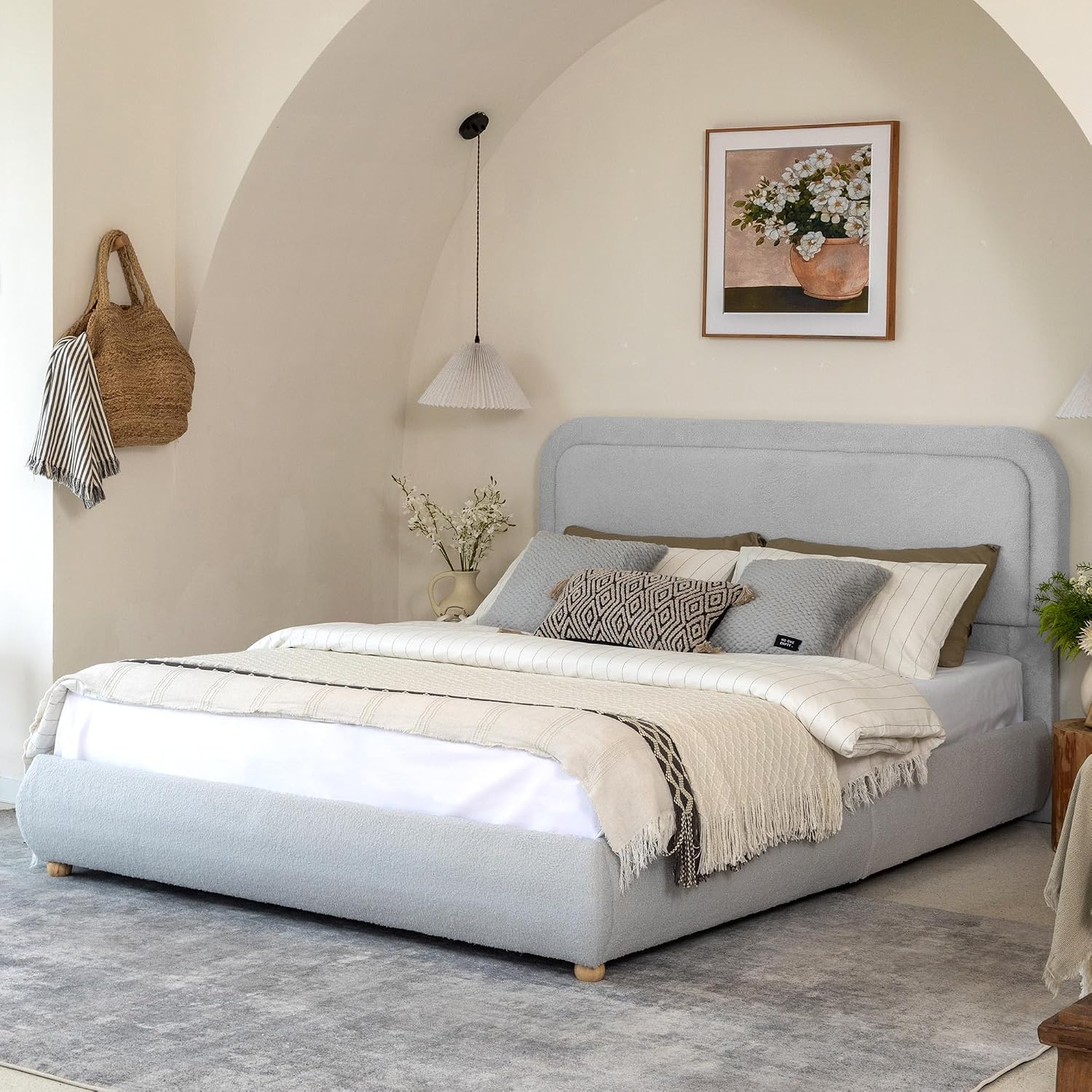 Yechen Boucle Cloud Full Bed Frame with Round Corner Headboard, Upholstered Soft Creamy Bedframe with Solid Wood Legs, Boho Fluffy Bed with Wooden Slats, Easy Assembly, No Box Spring Needed, Grey