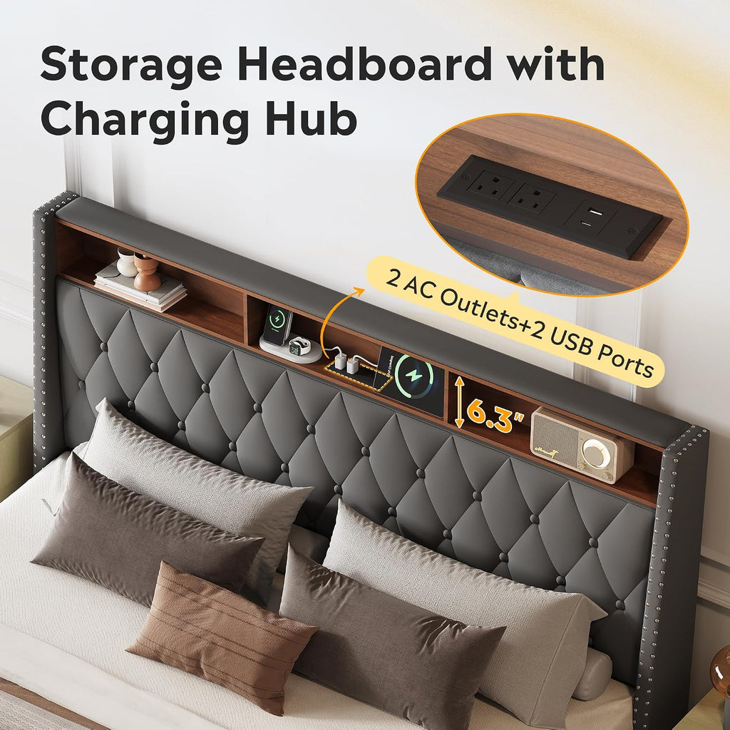 WLIVE King Size Upholstered Bed Frame with 48'' Tall Wingback Headboard, Velvet Square Tufted Platform Beds with Charging Station, Sturdy Metal & Wooden Slats Support, Grey