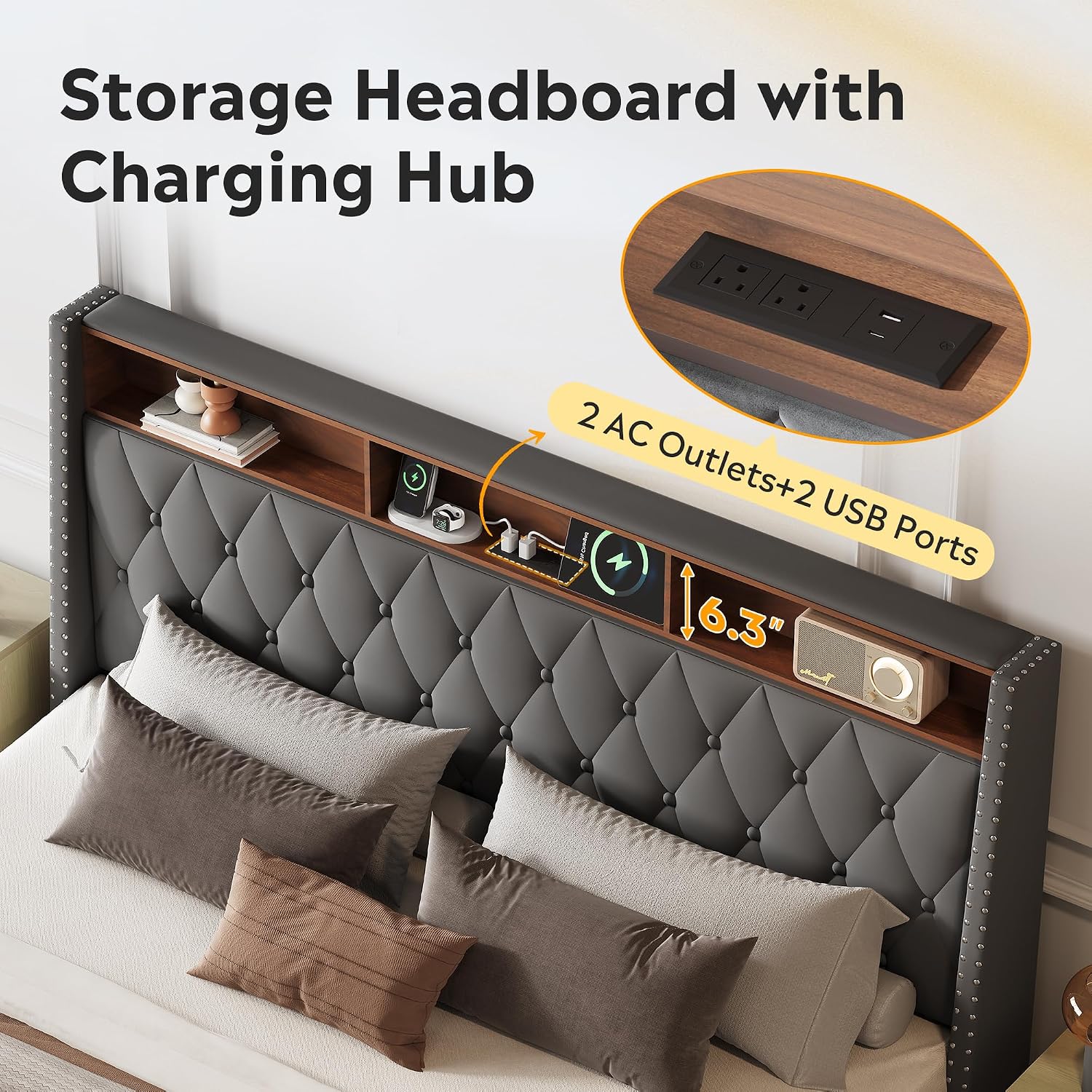 WLIVE King Size Upholstered Bed Frame with 48'' Tall Wingback Headboard, Velvet Square Tufted Platform Beds with Charging Station, Sturdy Metal & Wooden Slats Support, Grey
