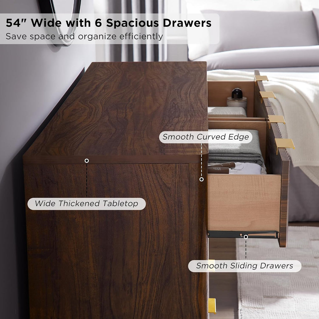 T4TREAM Fluted 6 Drawers Dresser, 54' Wide Modern Chest of Drawers, Curved Profile Design, Dresser TV Stand, Wood Drawer Organizer for Bedroom, Living Room, Hallway, Dark Walnut