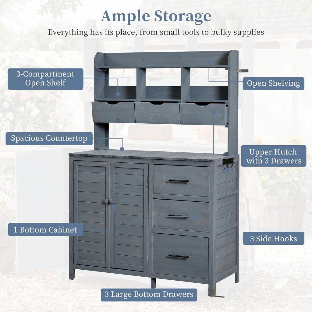 Farmhouse Patio Potting Bench with Storage Cabinet, 65' H Garden Workstation with 6 Drawers and Side Hooks, Outdoor Kitchen Island with Adjustable Shelf for Patio, Backyard, Gray