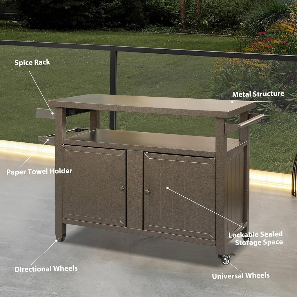 Outdoor Grill Cart with Wheels - BBQ Prep Table with Ample Storage, Perfect for Patio, Kitchen Island & Home Parties, Versatile Use as Dining Cart or Storage Cabinet