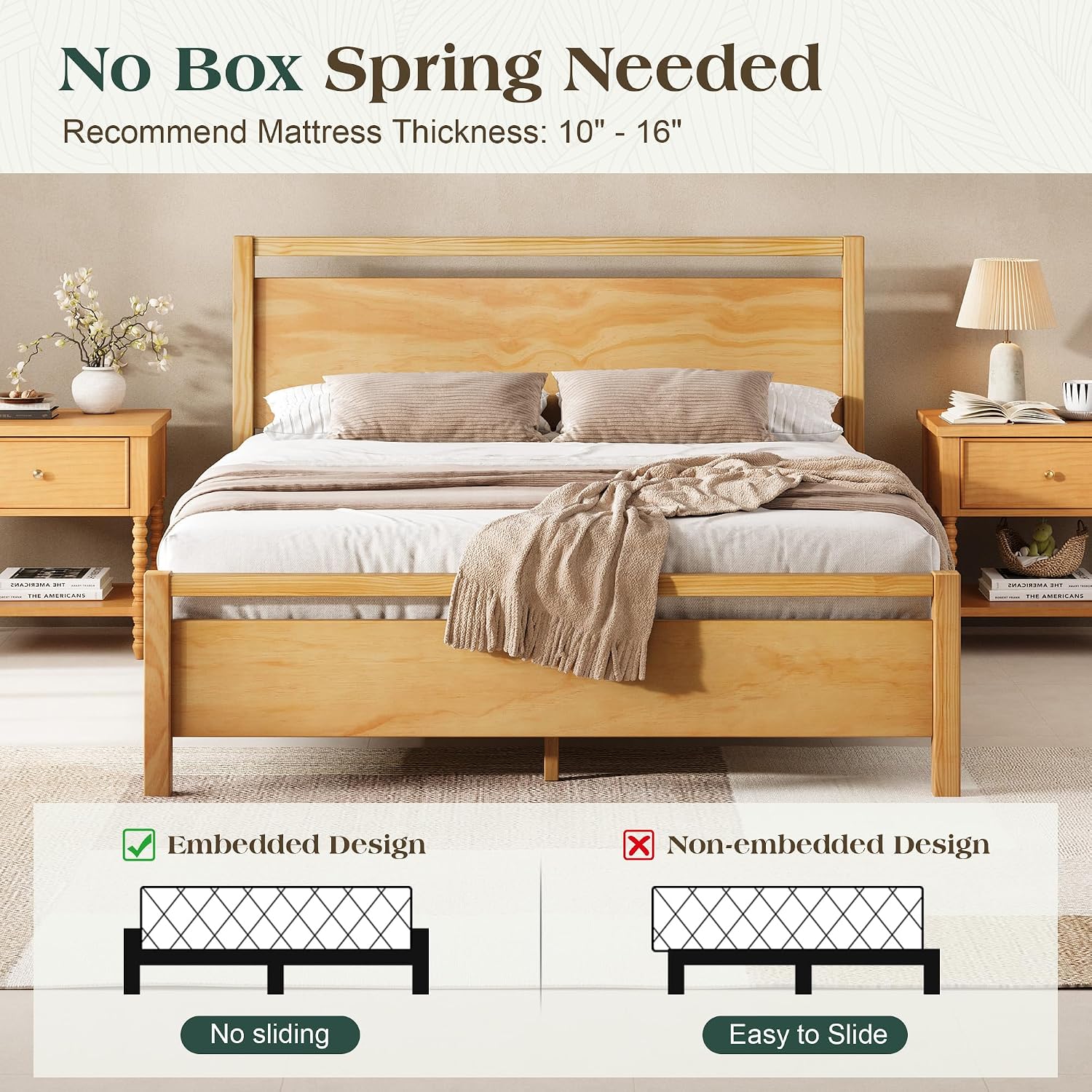 AMERLIFE Queen Size Solid Wood Bed Frame with Headboard, Minimalist Platform Bed with Wood Slats Support/No Box Spring Needed/Easy Assembly/Noise-Free, Natural