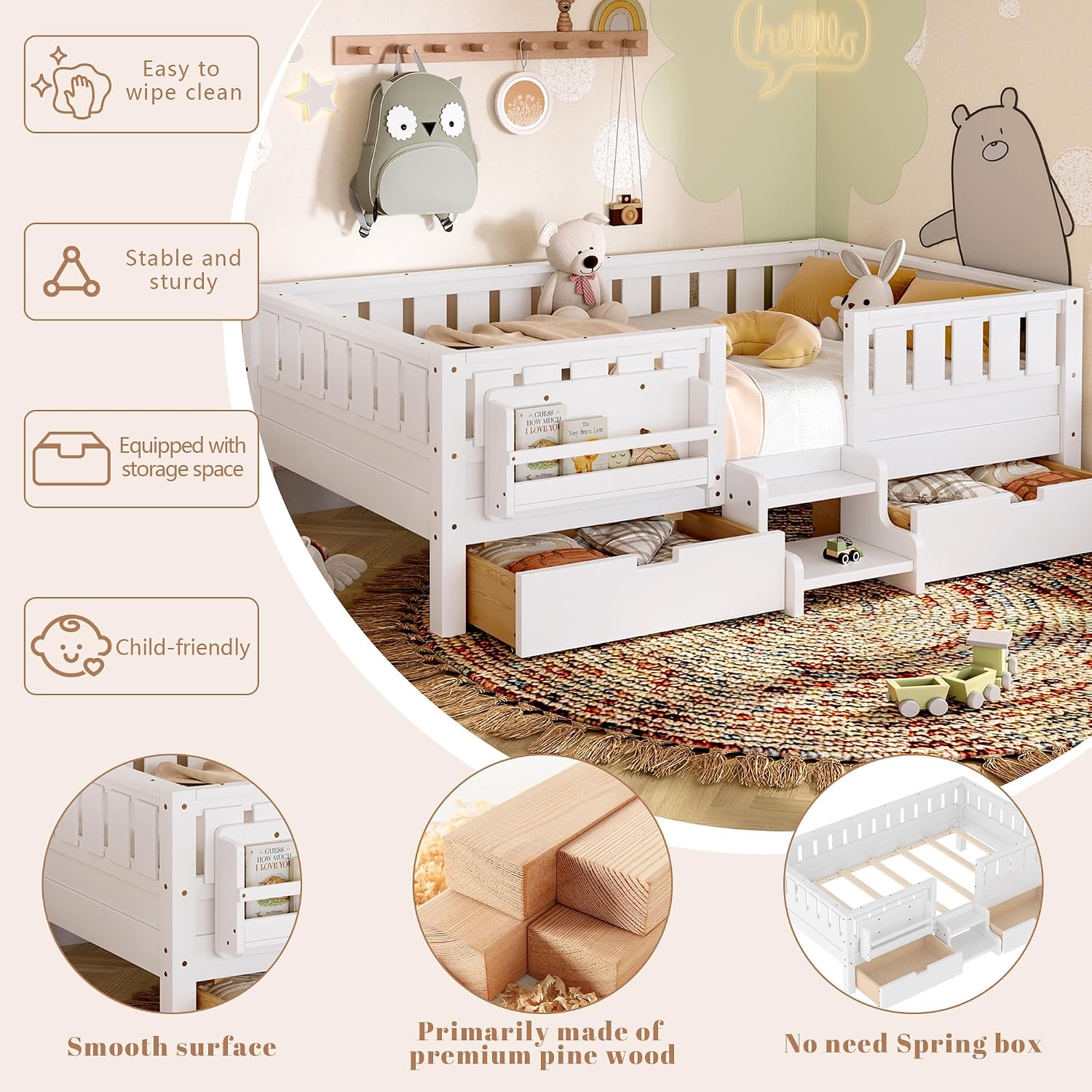 Bellemave Twin Montessori Bed with Stairs, Rails and Slats, Twin Size Montessori Floor Bed with Bookshelf and 2 Storage Drawers, Easy Assemble Beds Frame for Girls, Boys, White