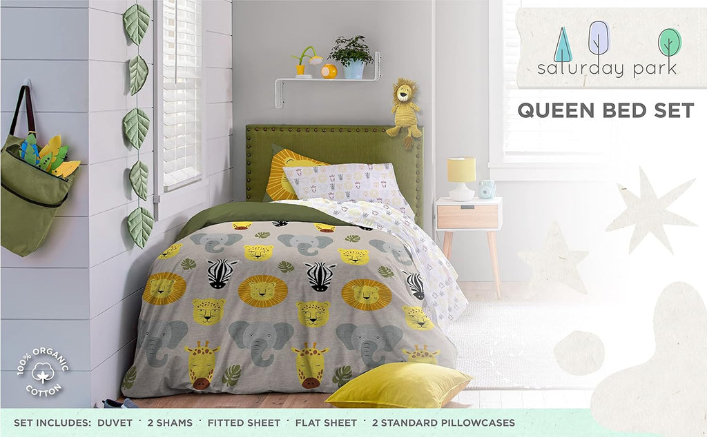 Saturday Park Safari Friends Queen Bed Set - 7 Piece 100% Organic Cotton Animals Bedding - GOTS & Oeko-TEX Certified
