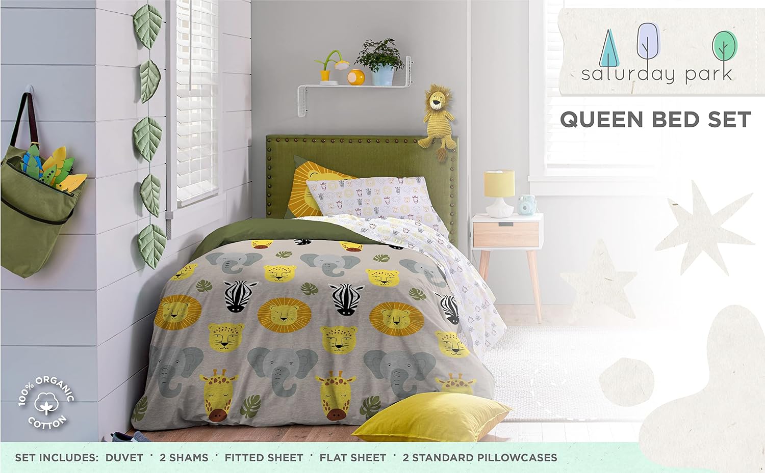 Saturday Park Safari Friends Queen Bed Set - 7 Piece 100% Organic Cotton Animals Bedding - GOTS & Oeko-TEX Certified