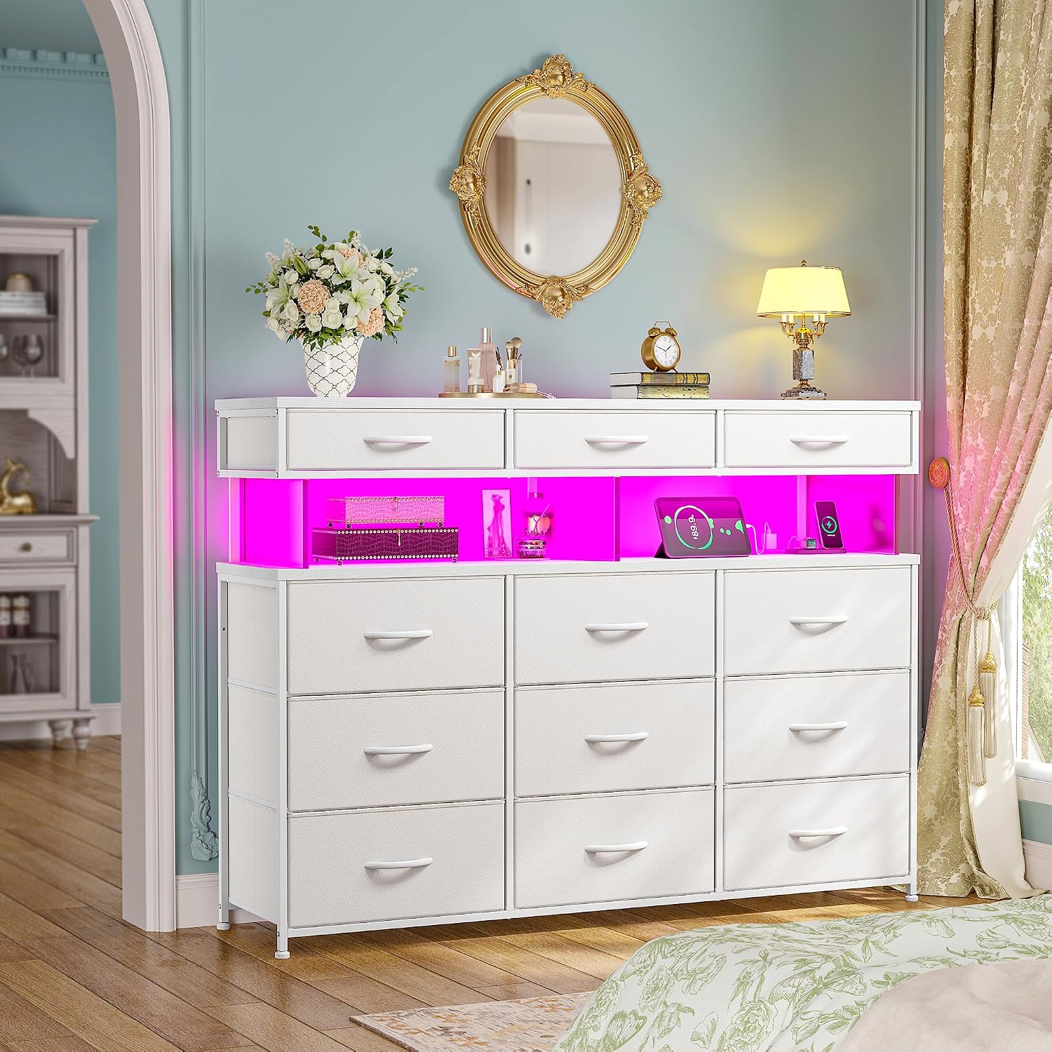 Romorgniz White Dresser for Bedroom with Charging Station and LED Lights, Fabric Dressers & Chest of Drawers, Dresser TV Stands for Living Room, Open Shelves, 10MM Thick Acrylic Sheet