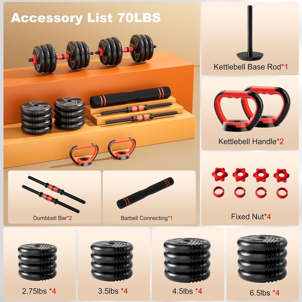 Adjustable Dumbbell Set, 10/20/30/45/70/90lbs, 5 in 1 Multi-Function Dumbbells Set Converts to Barbell & Kettlebell, Weight Set for Home Gym Workout, Suitable for Men/Women Strength Training