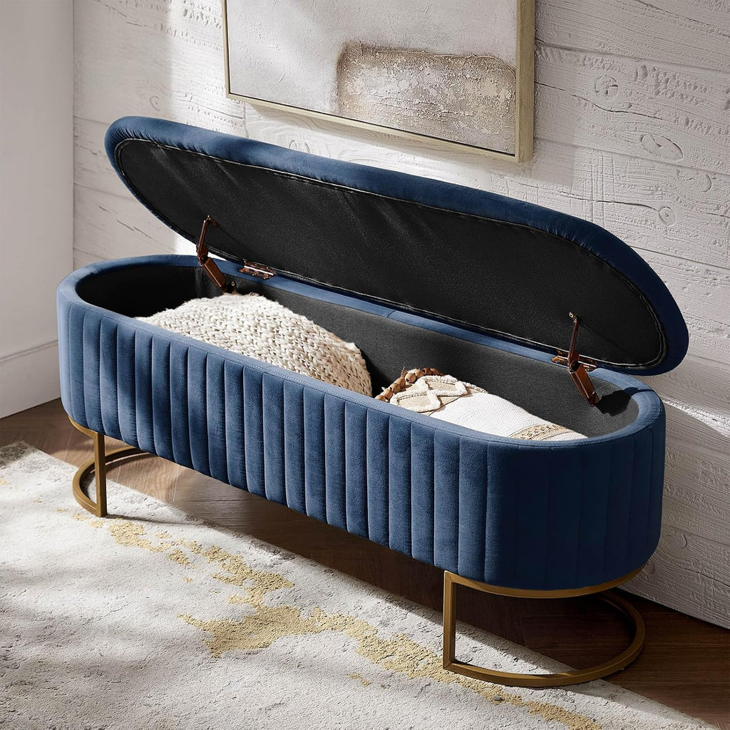 EcoHarbor Living 50.5' Velvet Bedroom Storage Bench Ottoman, Upholstered End of Bed Bench with Gold Legs, Flipping Lid Entryway Footrest Seat, Navy