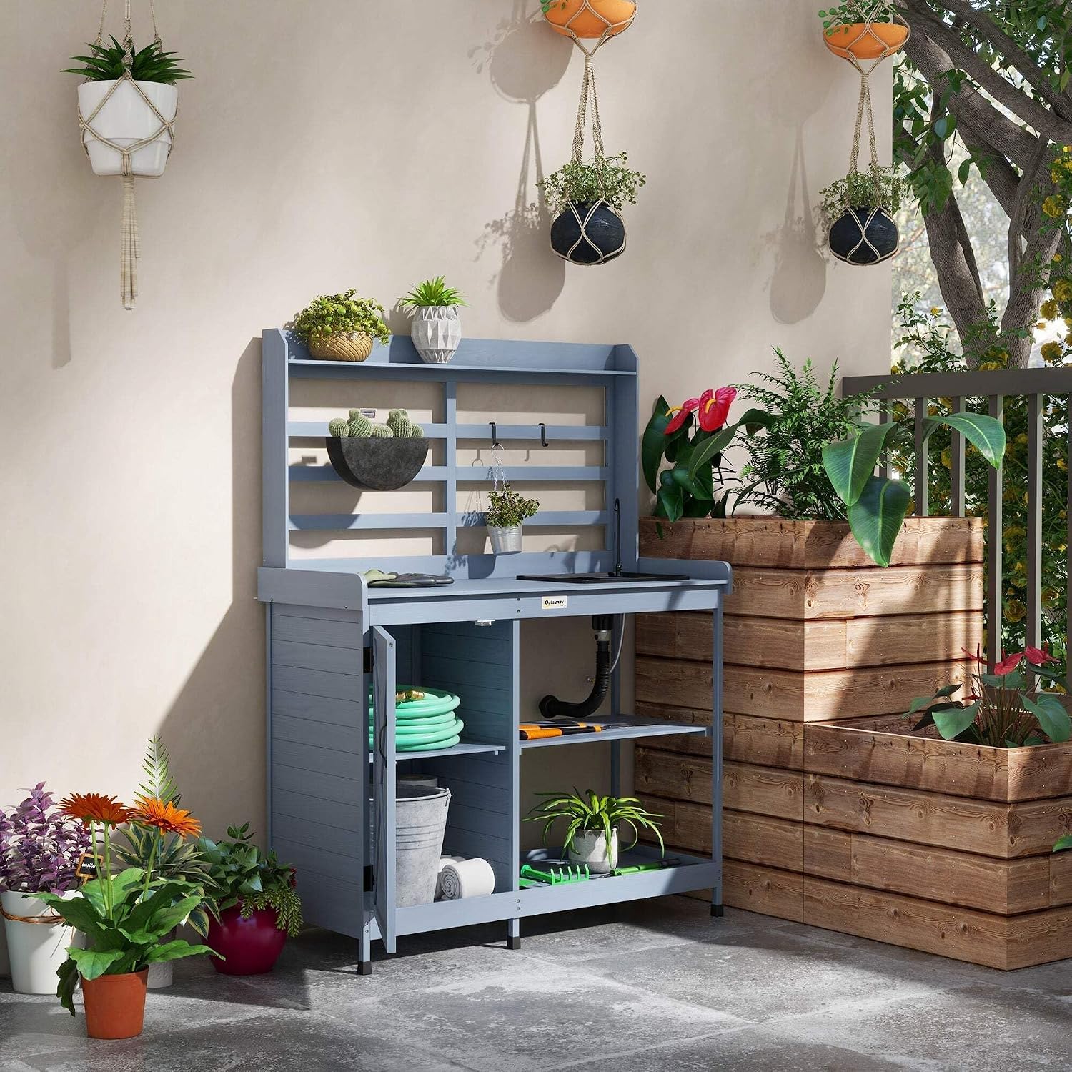 Bathroom Vanity Wooden Potting Bench, Outdoor Potting Table with Storage Cabinet, Storage Shelves, Sink, Water Tap, Wood Table Top for Backyard, Patio, Balcony, Gray