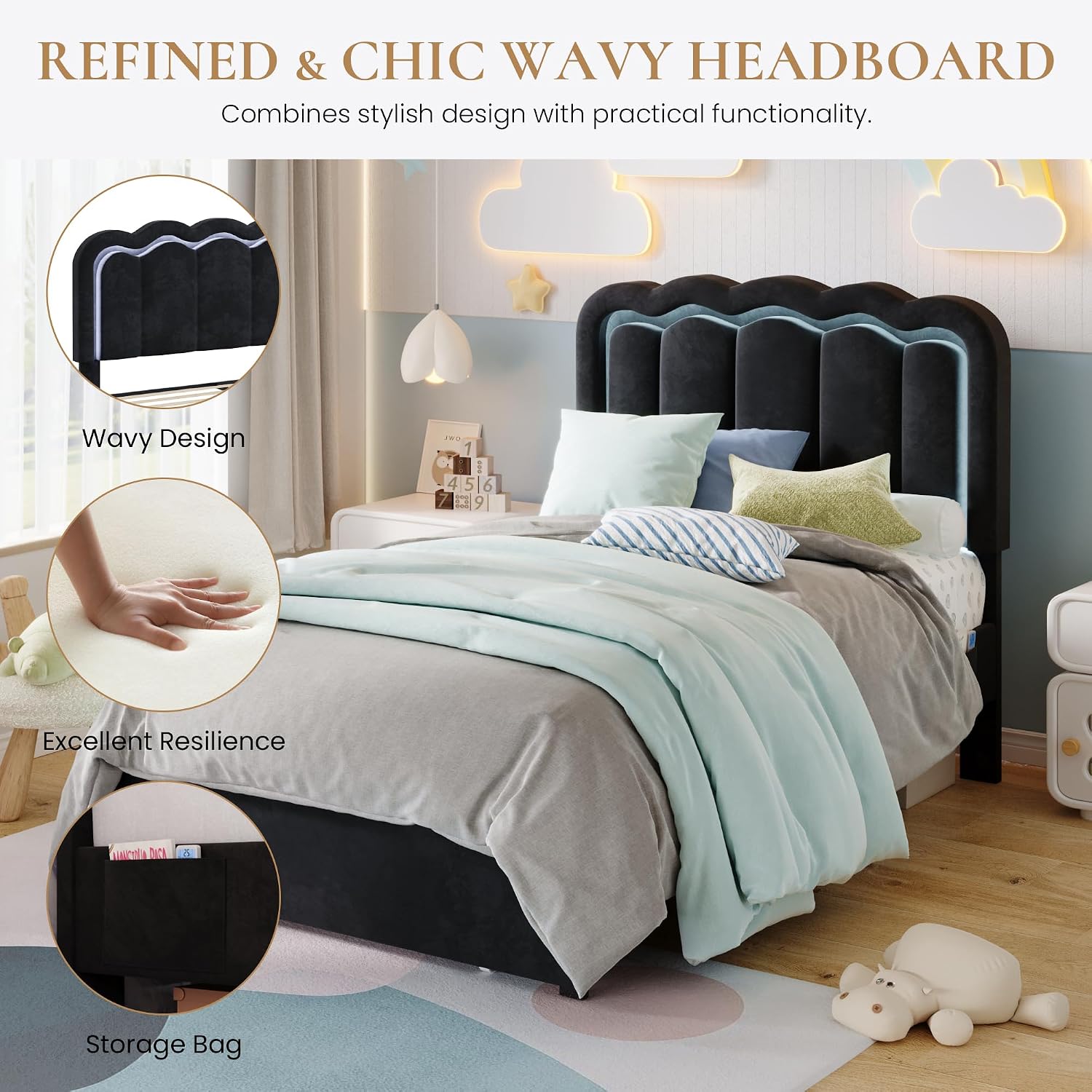 SHA CERLIN Upholstered Twin Size Bed Frame with LED Lights and Large Storage Drawer, Velvet Platform Bed with Adjustable Wavy Headboard, Noise Free, Easy Assembly, No Box Spring Needed, Soft Black